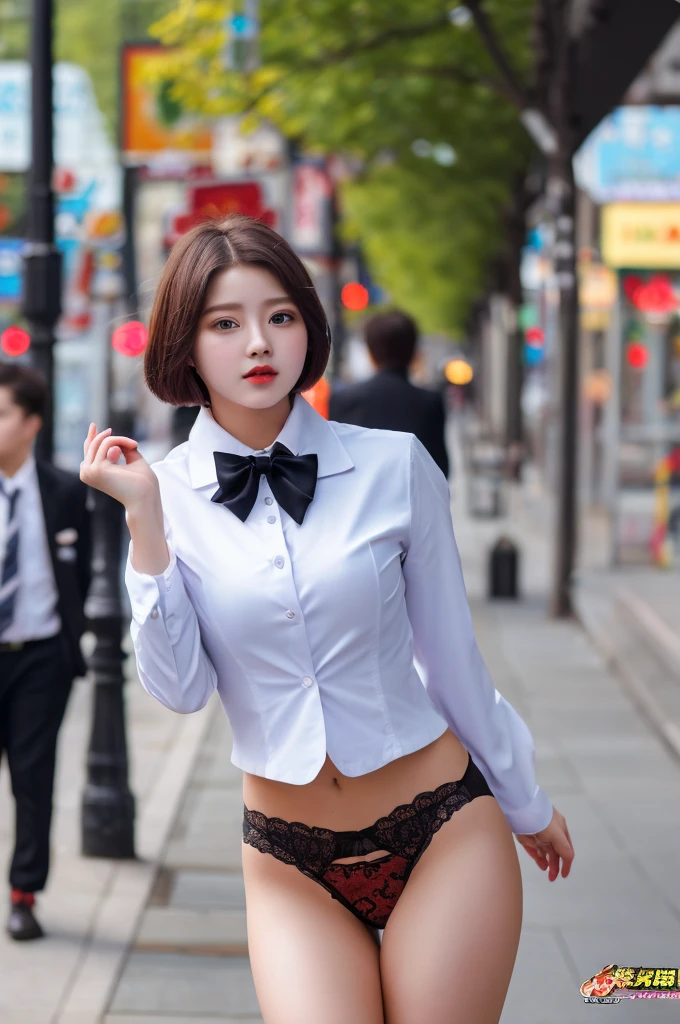 a 18 year old face of the most beautiful actress in the world, the perfect body proportions of a female, tight blazer is worn on formal shirt of female upper body, shirt skirt is worn on panties of female lower body, panties between bare legs under short skirt are seen just a little, sexy crotch of a female, the short hair cut of a female is just like male one, standing, at the city street, nsfw, best quality, highly detailed, masterpiece, ultra high res, photo realistic, 8k