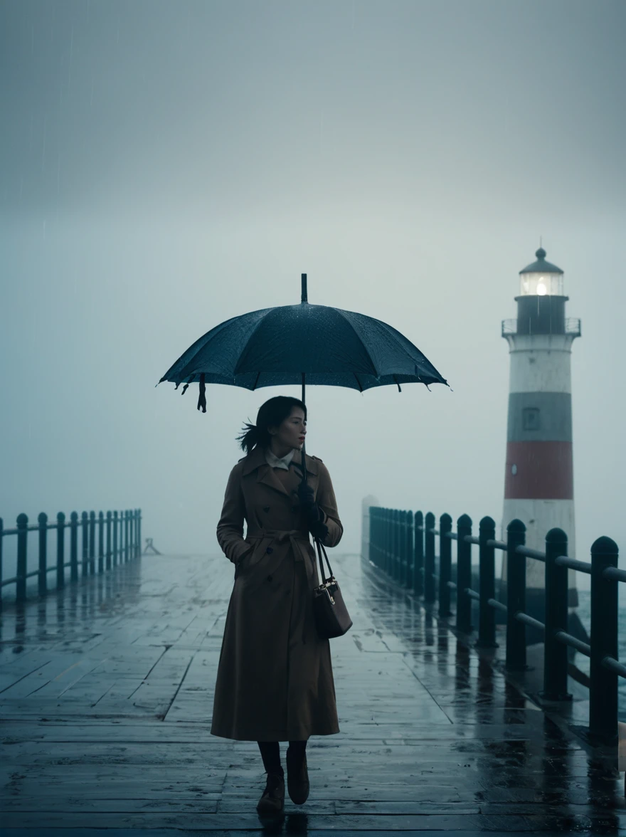 1girl, 独奏, rain, fog, cold, Dull, , pier, bay, lighthouse, seaside, The dim light shines in the fog,and the figure stands in the fog holding an umbrella, (clair obscur, cinematic lighting, drop shadow, film grain, anatomically correct, accurate, award winning, highres, 8K)