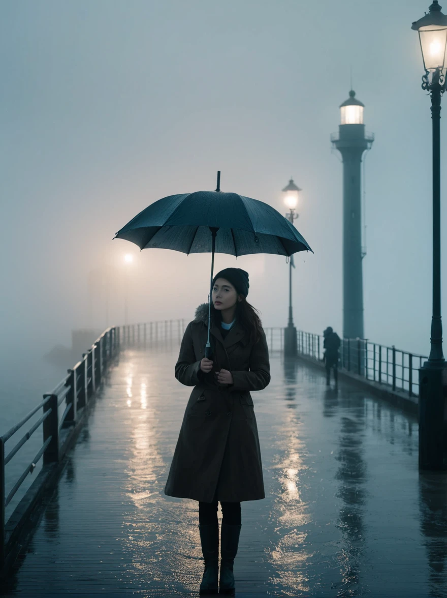 1girl, 独奏, rain, fog, cold, Dull, , pier, bay, lighthouse, seaside, The dim light shines in the fog,and the figure stands in the fog holding an umbrella, (clair obscur, cinematic lighting, drop shadow, film grain, anatomically correct, accurate, award winning, highres, 8K)