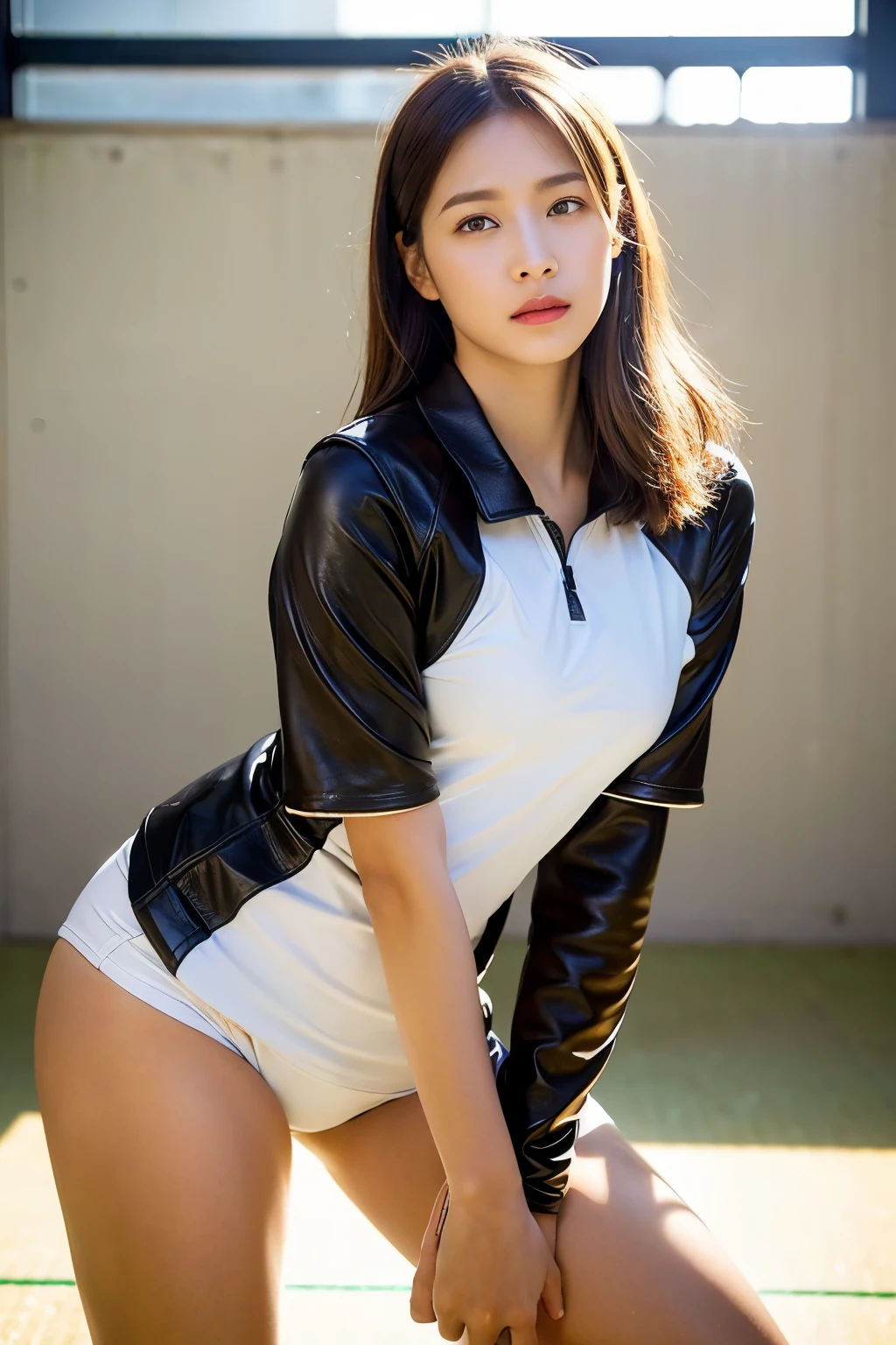 (Photo realism: 1.4), (Surrealism: 1.4), (Practical: 1.3), (soft light: 1.05), (Improved lighting: 0.9), 32k, 1 girl, 20 year old girl, Practical lighting, Backlight, face light, Ray Tracing, (Whitening Light: 1.2), (Image Enhancement: 1.4), ( Top quality leather: 1.4), Narrow your eyes, delicate face, Narrow your eyes, (Body lines, mood boost: 1.1), Breasts that are too large, Large target, (Improve skin quality and beauty: 1.1),volleyball uniform:1.4, indoor_volleyball_court_background:1.4, Thighs Thighs Thighs Thighs, protrude , crotch