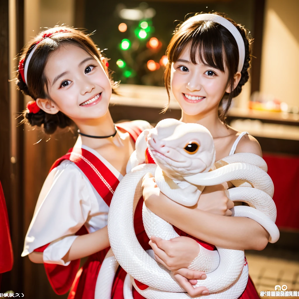 Looking straight ahead and smiling, Holding a large white snake in both hands, Ultra HD、128k、Masterpiece、A kindergarten girl、 clavicle, RAW Photo、A girl with big eyes wearing light red clothing、Long face, Professional Lighting、Japanese anime style,