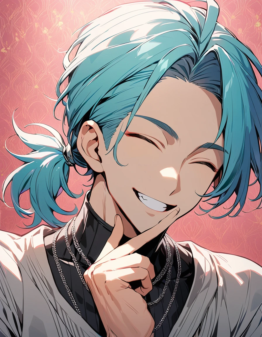 ((((best masterpiece, best quality, wallpaper,)))) solo, guy, male body, small muscles, flat chest, 1male, 30 years old, handsome man, dramatic angle, upper body, looking at viewers, beautiful detailed, finger to mouth, mediumturquoise hair, ((((Lower short ponytail)))), asymmetrical bangs, ((short hair,)) smirk, ((( closed eyes, ^o^, tareme, droopy eyes,))) perfect face, extremely closed eyes, perfect hands, sharp nose, clear face, black turtleneck, grey cardigan, ((silver piercing, simple silver necklace,)) leggings, pink background color ultrasharp, 8K, masterpiece,