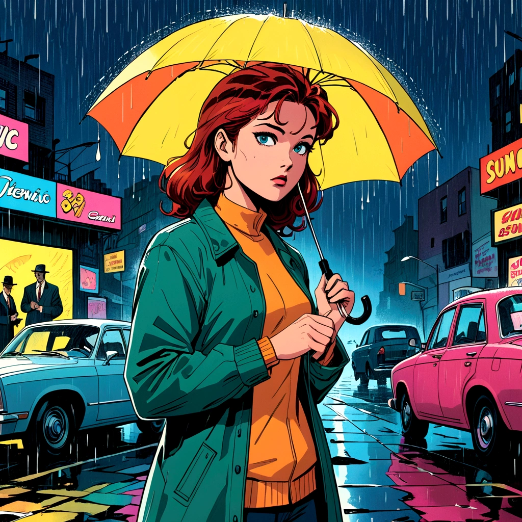 woman holding umbrella, technicolor rain, uv light face mask, , VHS, glitch, distorted, nostalgia, 90's retro vibes, analog tape, vcr aesthetics, tv, television, 1990's cartoon homage), comic 1990's, animated tv show screengrab, cinematic poster, image within image, multiple exposure, massive scale, rich color grading for shading depth, hand drawn rotoscope cartoon realism, chiaroscuro lighting, mixed media, vintage comic, retro original design, 1990's comic, sense of movement energy, A black and white world, holding umbrella, each drop of rain unleashes a ripple of color, bringing color to this otherwise mundane world, color reverberating out from each raindrop as it makes contact with the ground, subtle coloring to enrich the black and white image, rich color grading, sense of depth, shading and shadows