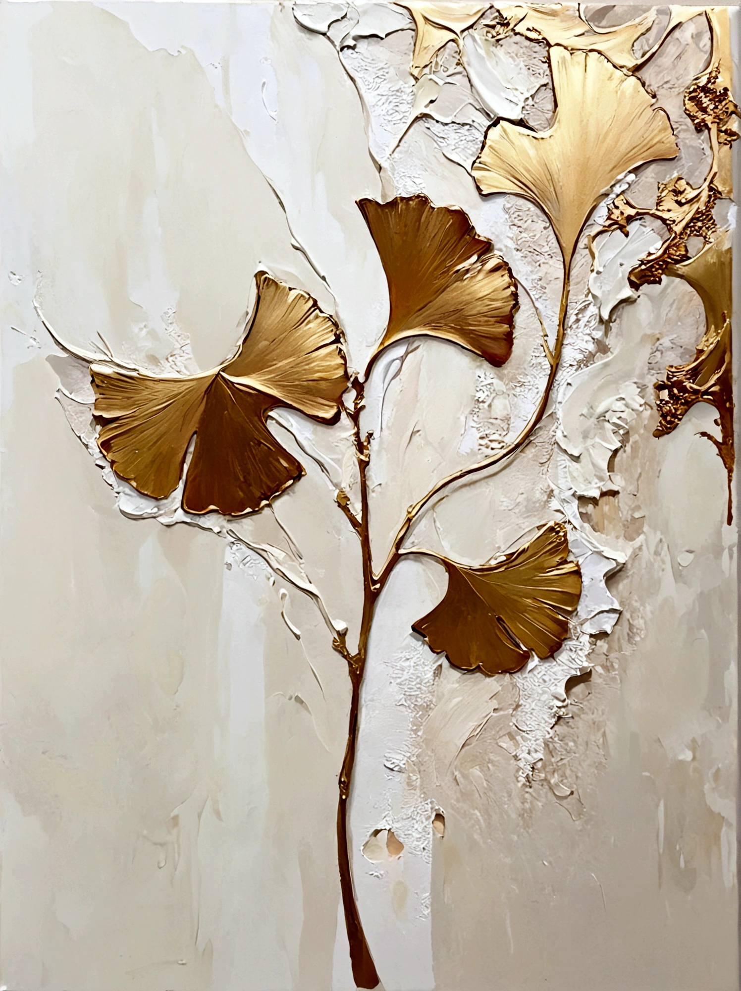 Gilded,ginkgo leaf,Ginkgo biloba leaves,vanilla,bright,White background,vanilla,cream,whiskey,Abstract Art,emotion,emotion,Thick textured paint,
