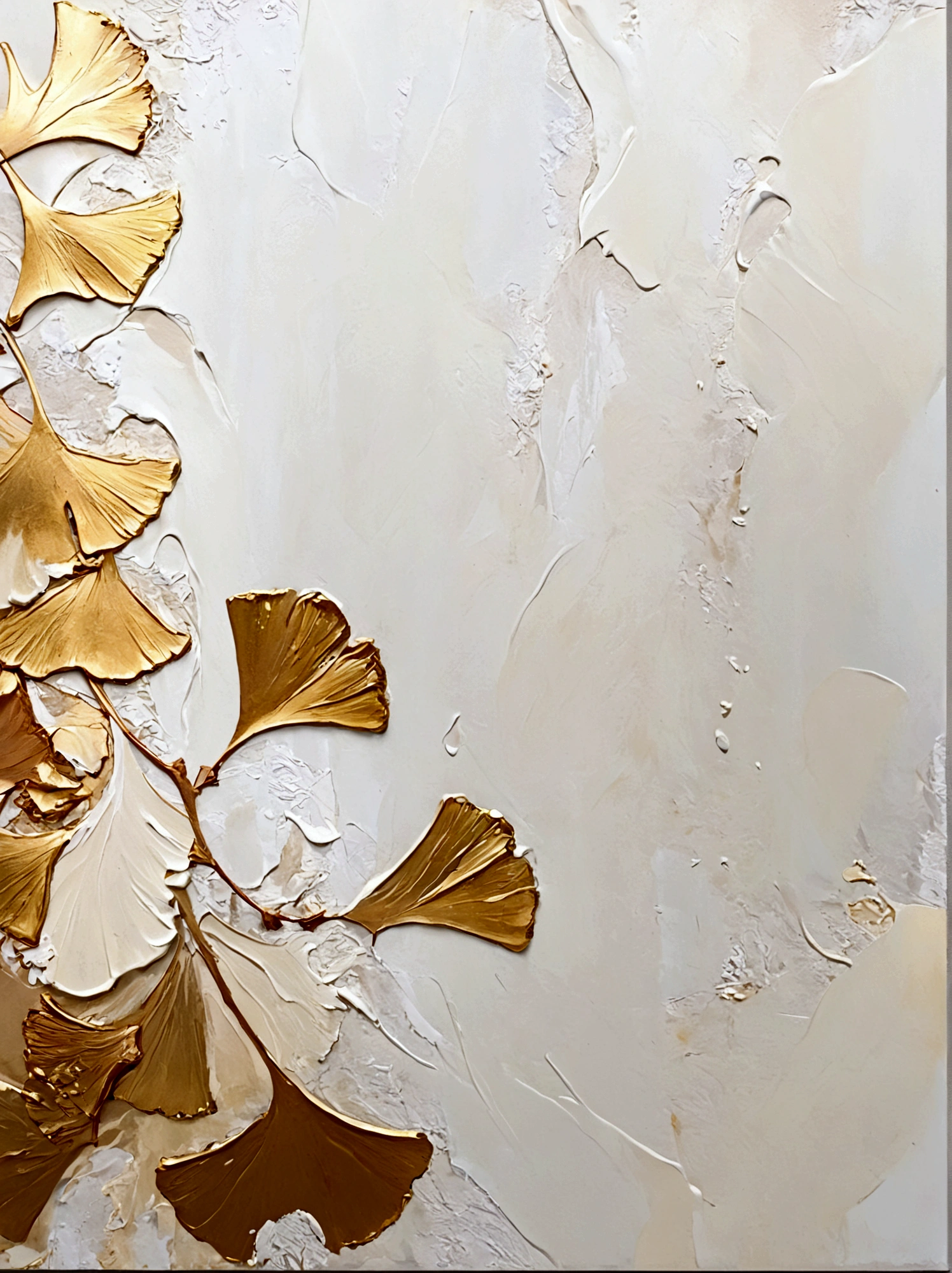 Gilded，ginkgo leaf，Ginkgo biloba leaves，vanilla，bright，White background，vanilla，cream，whiskey，Abstract Art，emotion，emotion，Thick textured paint, 