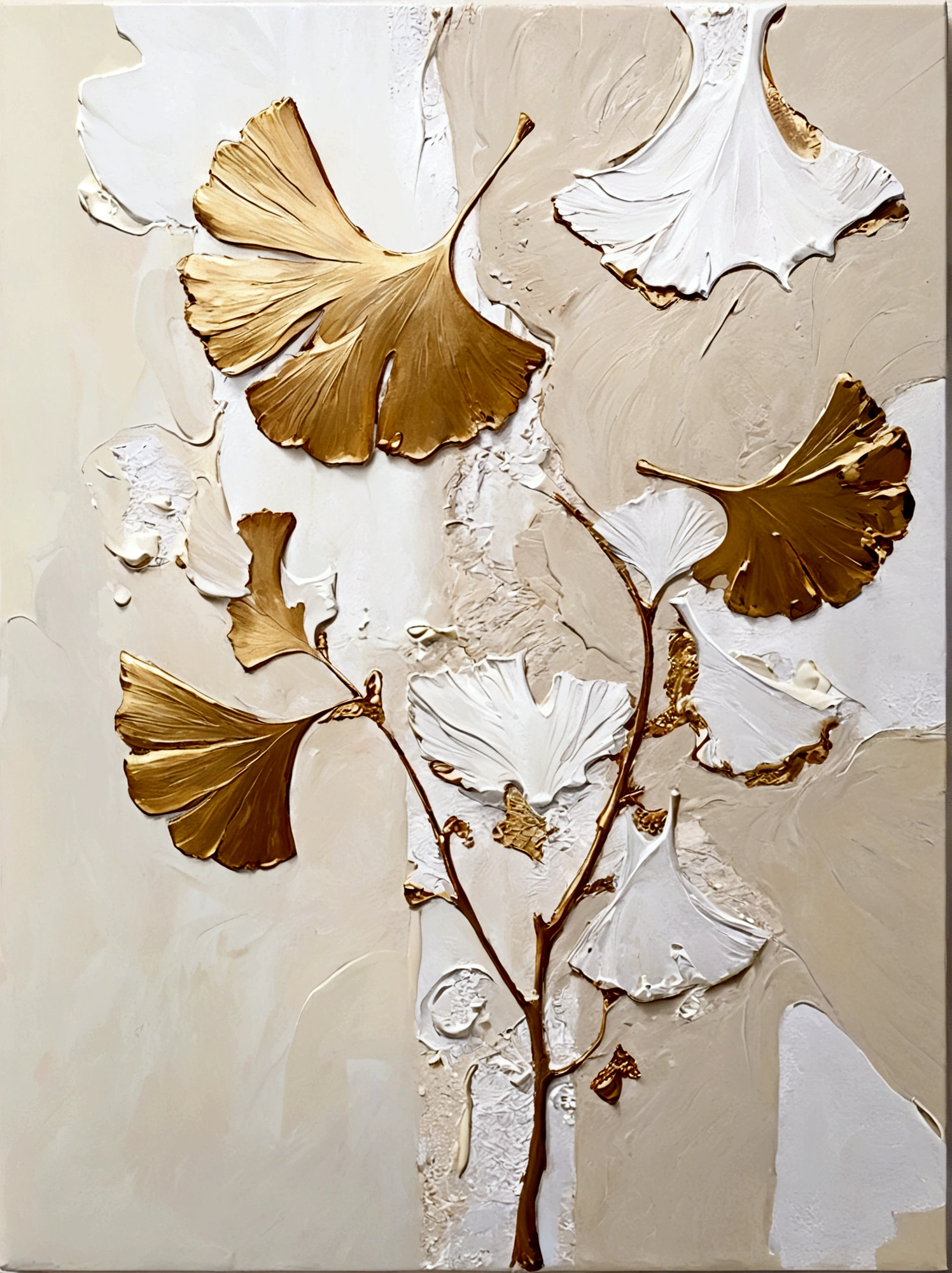 Gilded，ginkgo leaf，Ginkgo biloba leaves，vanilla，bright，White background，vanilla，cream，whiskey，Abstract Art，emotion，emotion，Thick textured paint, 