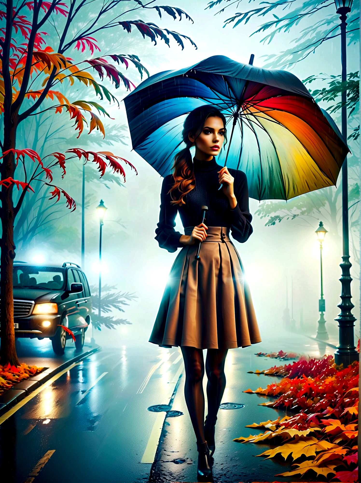 Woman in tight dress with umbrella in hand, in einer mistyen Stadt, colorful autumn leaves on the street, a picture by Kuno Veeber, pixabay contest winner, conceptual art, standing in the rain,  mysterious woman, pretty girl, that stands in the rain, Single person with umbrella, woman ((silhouette)), ((misty)) and rainy, female image in the shadow, in a rainy environment, Rainy weather, Rainy roads in the background , ((Fog with light)), ((View from behind)), Light from the front
