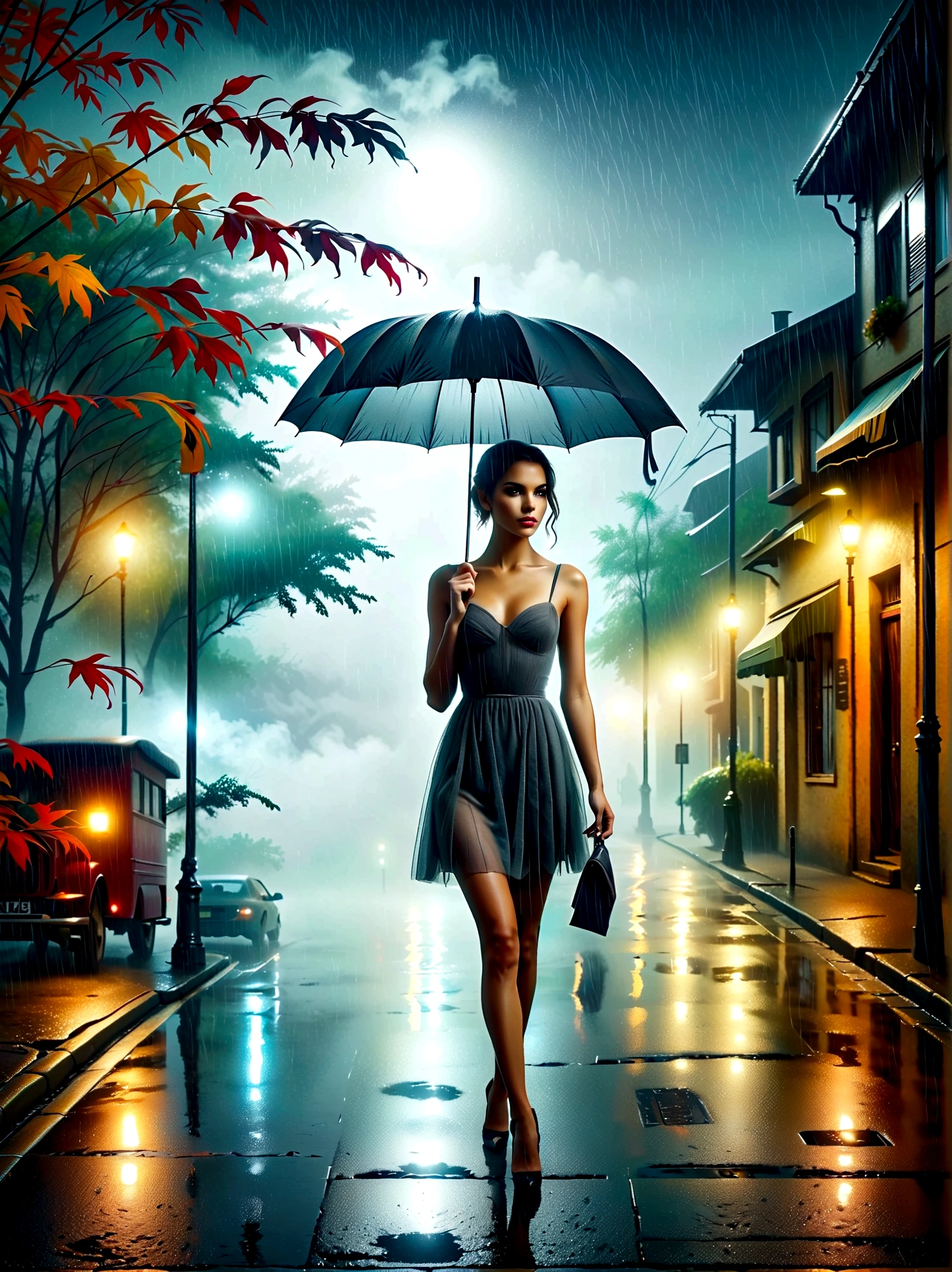 Woman in tight dress with umbrella in hand, in einer mistyen Stadt, colorful autumn leaves on the street, a picture by Kuno Veeber, pixabay contest winner, conceptual art, standing in the rain, mysterious woman, pretty girl, that stands in the rain, Single person with umbrella, woman ((silhouette)), ((misty)) and rainy, female image in the shadow, in a rainy environment, Rainy weather, Rainy roads in the background , ((Fog with light)), ((View from behind)), Light from the front