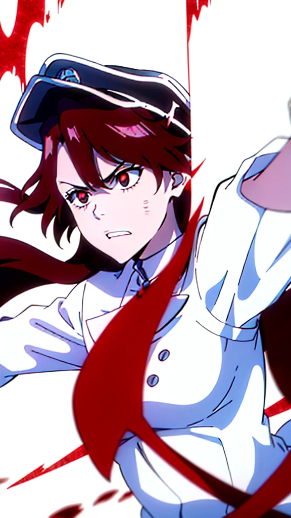 1girl ,20s,angry face,red hair,long hair,fox ears,(white background, line drawing),military form