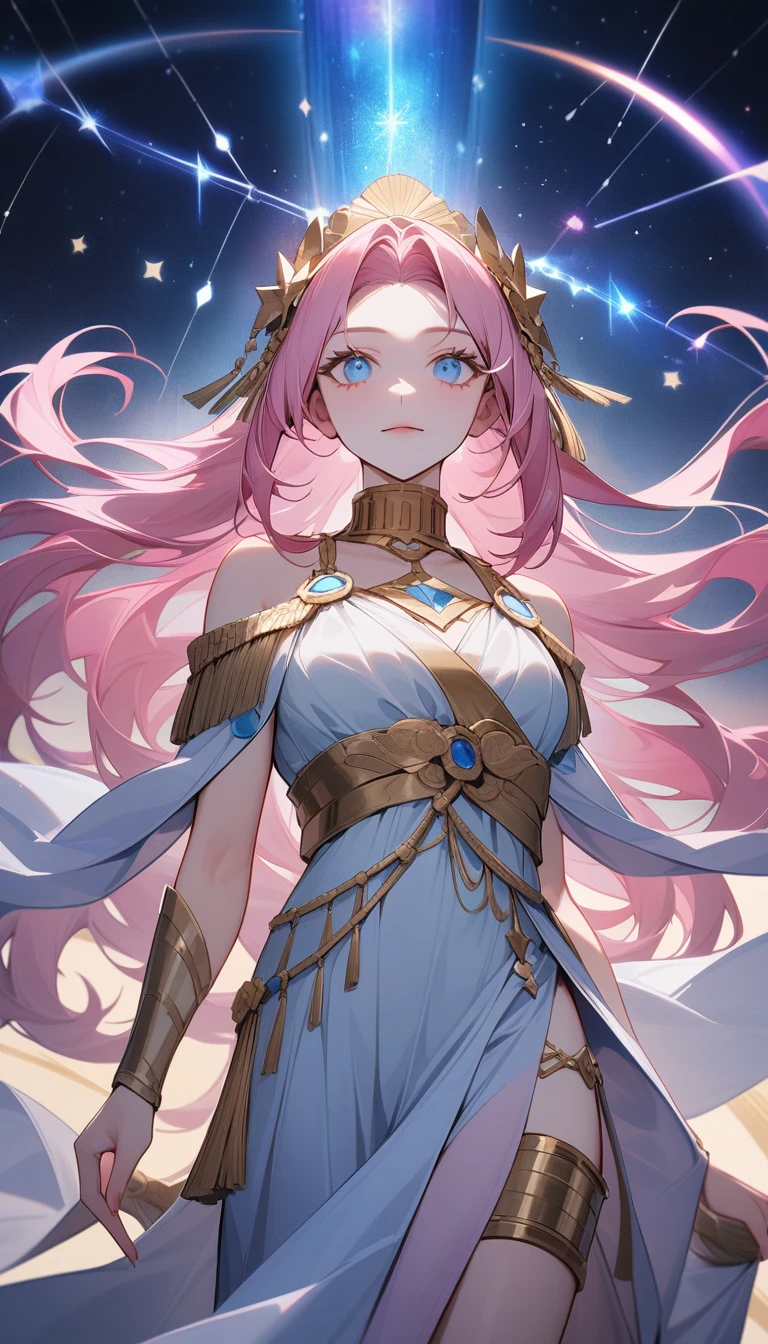 (Huang Li、high quality、Extremely detailed),Constellation - Virgo,Similar to Latin goodness,brave,capricious,Productivity,The face of enterprising and humanitarianism,Pink long hair,Ancient Greek costumes、Wrap Dress,The background is the universe,Crystal blue eyes(Eyes Details),Powerful appearance