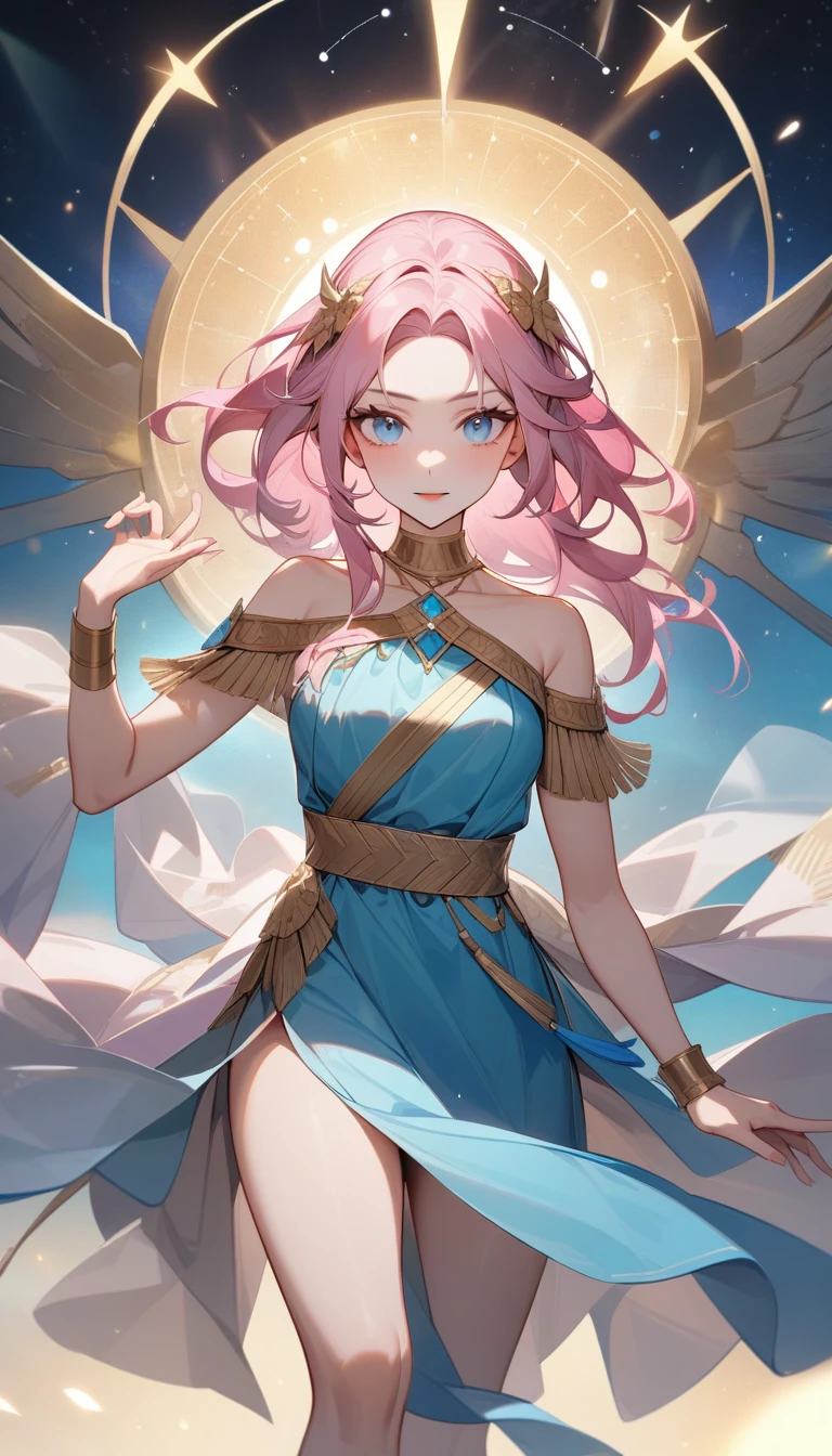 （Huang Li、high quality、Extremely detailed），Constellation - Virgo，Similar to Latin goodness，brave，capricious，Productivity，The face of enterprising and humanitarianism，Pink long hair，Ancient Greek costumes、Wrap Dress，The background is the universe，Crystal blue eyes（Eyes Details），Powerful appearance