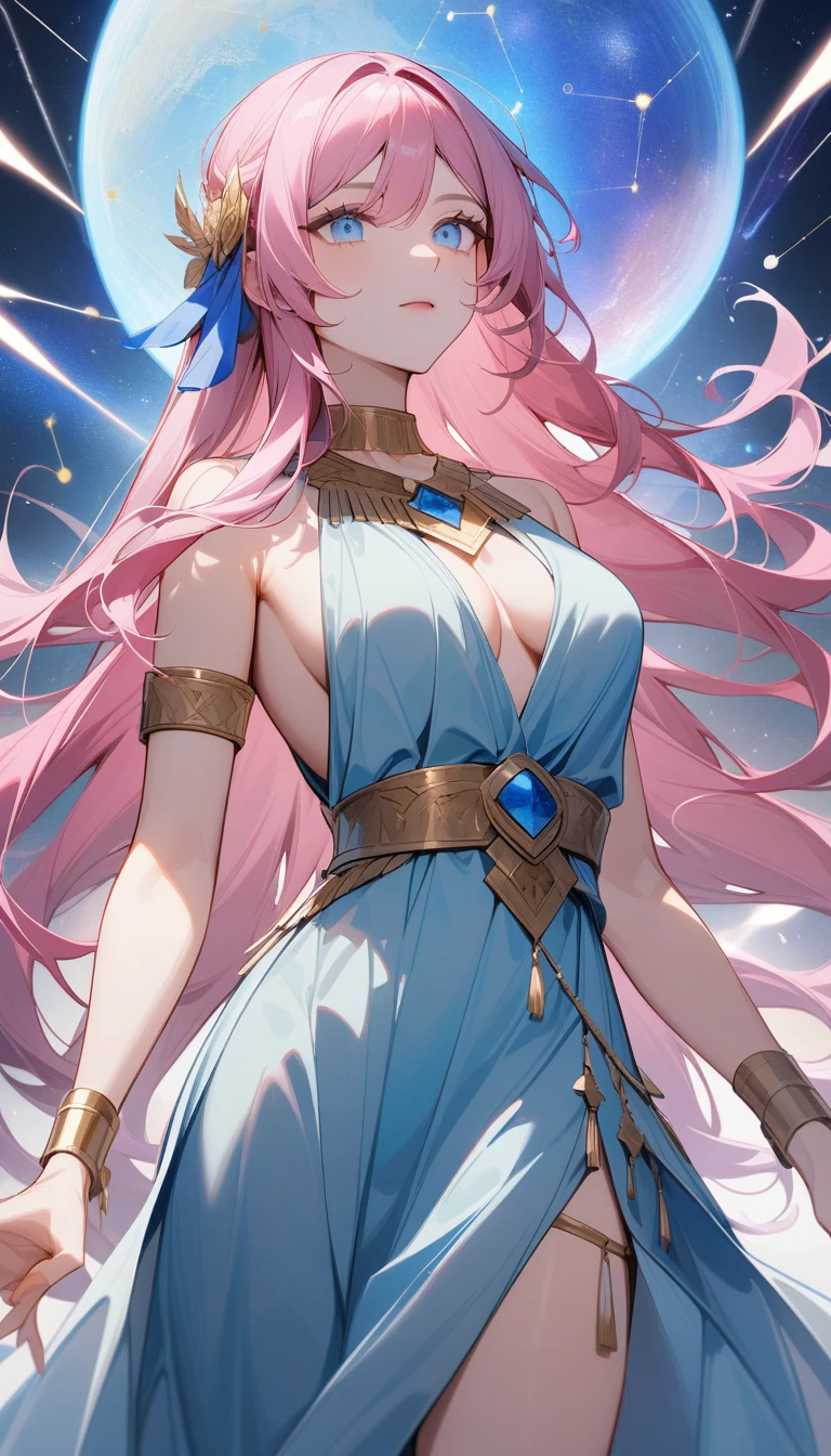 （Huang Li、high quality、Extremely detailed），Constellation - Virgo，Similar to Latin goodness，brave，capricious，Productivity，The face of enterprising and humanitarianism，Pink long hair，Ancient Greek costumes、Wrap Dress，The background is the universe，Crystal blue eyes（Eyes Details），Powerful appearance