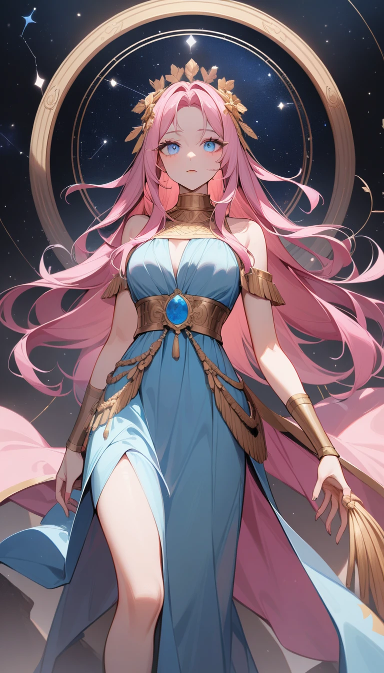 (Huang Li、high quality、Extremely detailed),Constellation - Virgo,Similar to Latin goodness,brave,capricious,Productivity,The face of enterprising and humanitarianism,Pink long hair,Ancient Greek costumes、Wrap Dress,The background is the universe,Crystal blue eyes(Eyes Details),Powerful appearance