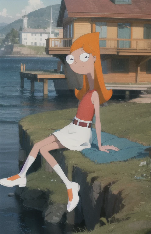 candace_flynn, medium hair, orange hair, dark blue eyes, white skirt, red shirt, white shoes, sleeveless, red socks, red belt,Sitting on the grass looking at the pier and observing the lighthouse, realistic
