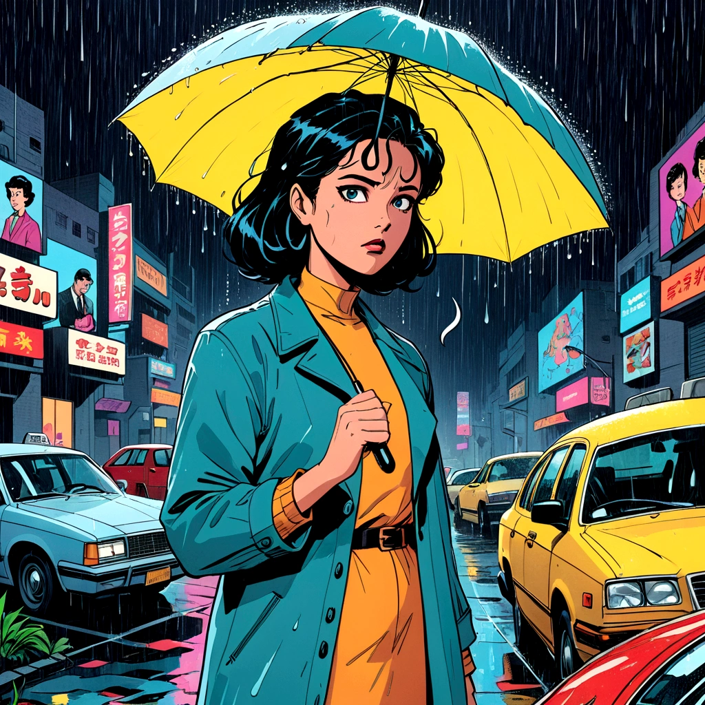 woman holding umbrella, technicolor rain, uv light face mask, , VHS, glitch, distorted, nostalgia, 90's retro vibes, analog tape, vcr aesthetics, tv, television, 1990's cartoon homage), comic 1990's, animated tv show screengrab, cinematic poster, image within image, multiple exposure, massive scale, rich color grading for shading depth, hand drawn rotoscope cartoon realism, chiaroscuro lighting, mixed media, vintage comic, retro original design, 1990's comic, sense of movement energy, A black and white world, holding umbrella, each drop of rain unleashes a ripple of color, bringing color to this otherwise mundane world, color reverberating out from each raindrop as it makes contact with the ground, subtle coloring to enrich the black and white image, rich color grading, sense of depth, shading and shadows