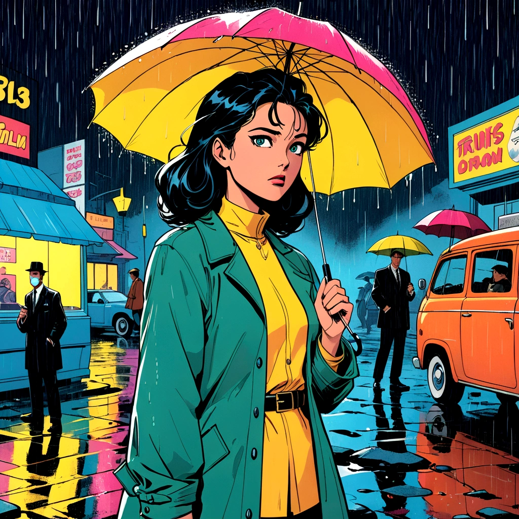 woman holding umbrella, technicolor rain, uv light face mask, , VHS, glitch, distorted, nostalgia, 90's retro vibes, analog tape, vcr aesthetics, tv, television, 1990's cartoon homage), comic 1990's, animated tv show screengrab, cinematic poster, image within image, multiple exposure, massive scale, rich color grading for shading depth, hand drawn rotoscope cartoon realism, chiaroscuro lighting, mixed media, vintage comic, retro original design, 1990's comic, sense of movement energy, A black and white world, holding umbrella, each drop of rain unleashes a ripple of color, bringing color to this otherwise mundane world, color reverberating out from each raindrop as it makes contact with the ground, subtle coloring to enrich the black and white image, rich color grading, sense of depth, shading and shadows