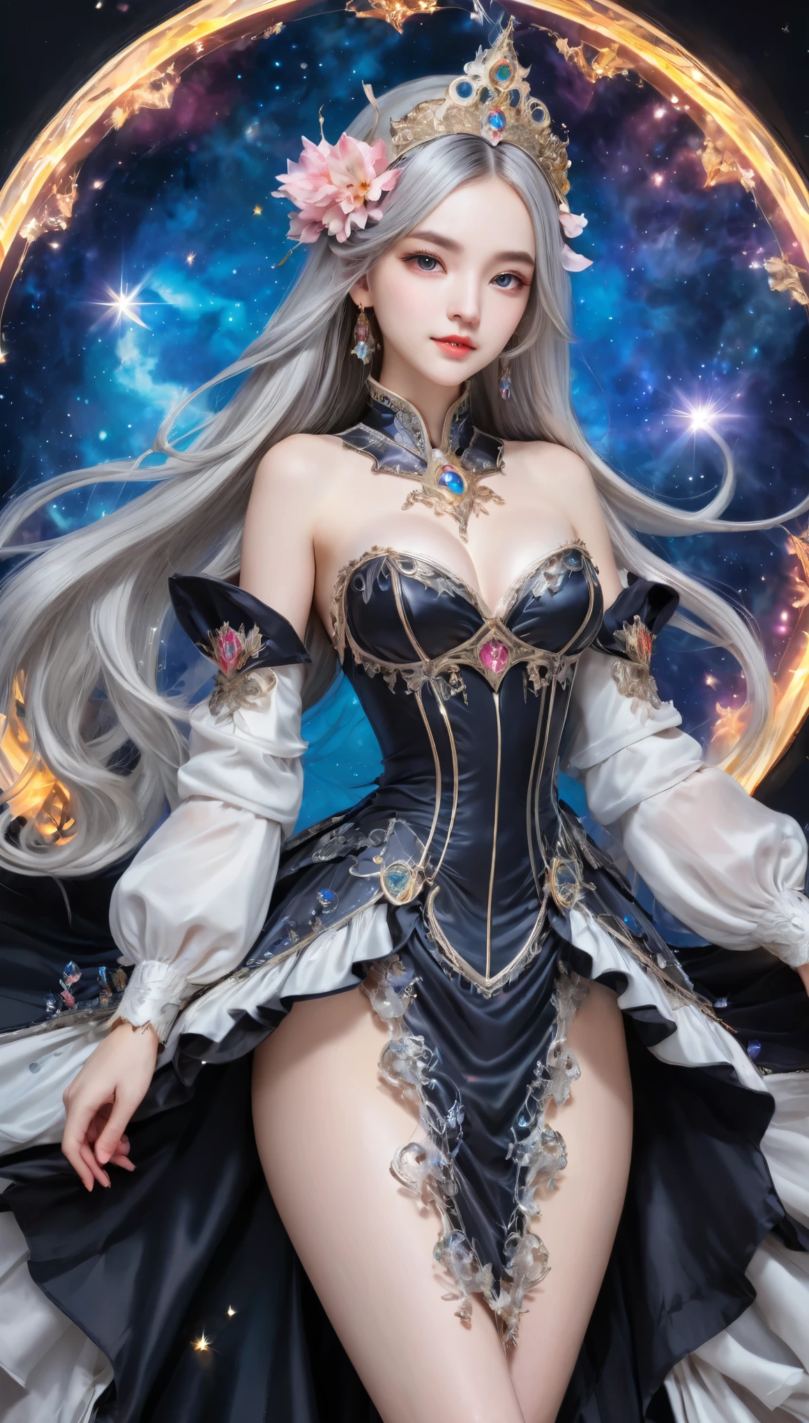 8K resolution, masterpiece, Highest quality, Award-winning works, unrealistic, From above, sole sexy lady, healthy shaped body, 22 years old, black mage, 165cm tall, huge firm bouncing busts,, white silver long wavy hair, Detailed facial depictions, Break, Mysterious blue eyes, Standard nose, Eyeliner, pink lips, sexy long legs, Clear skin, holy knight, Gothic ruffle long dress, A dress with a complex structure, Seven-colored colorful dress, Clothed in flames, royal coat of arms, elegant, Very detailed, Delicate depiction of hair, miniature painting, Digital Painting, artステーション, コンセプトart, Smooth, Sharp focus, shape, artジャム、Greg Rutkowski、Alphonse Mucha、William Adolphe Bouguereau、art：Stephanie Law , Royal Jewel, nature, Symmetric, Greg Rutkowski, Charlie Bowwater, Unreal, Surreal, Dynamic Lighting, ファンタジーart, Complex colors, Colorful magic circle, flash, dynamic sexy poses, A kind smile, Mysterious Background, Aura, A gentle gaze, BREAK, Small faint lights and flying fireflies, night, lanthanum, 山の頂From above下界を見下ろす, Starry Sky, milky way, nebula, shooting star