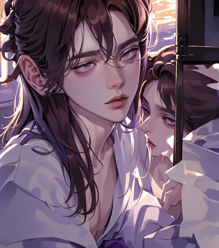 Best quality, brown hair, Long hair, eyes covered, blindfold, purple robes, pipe smoke, laying down, carefree, serene