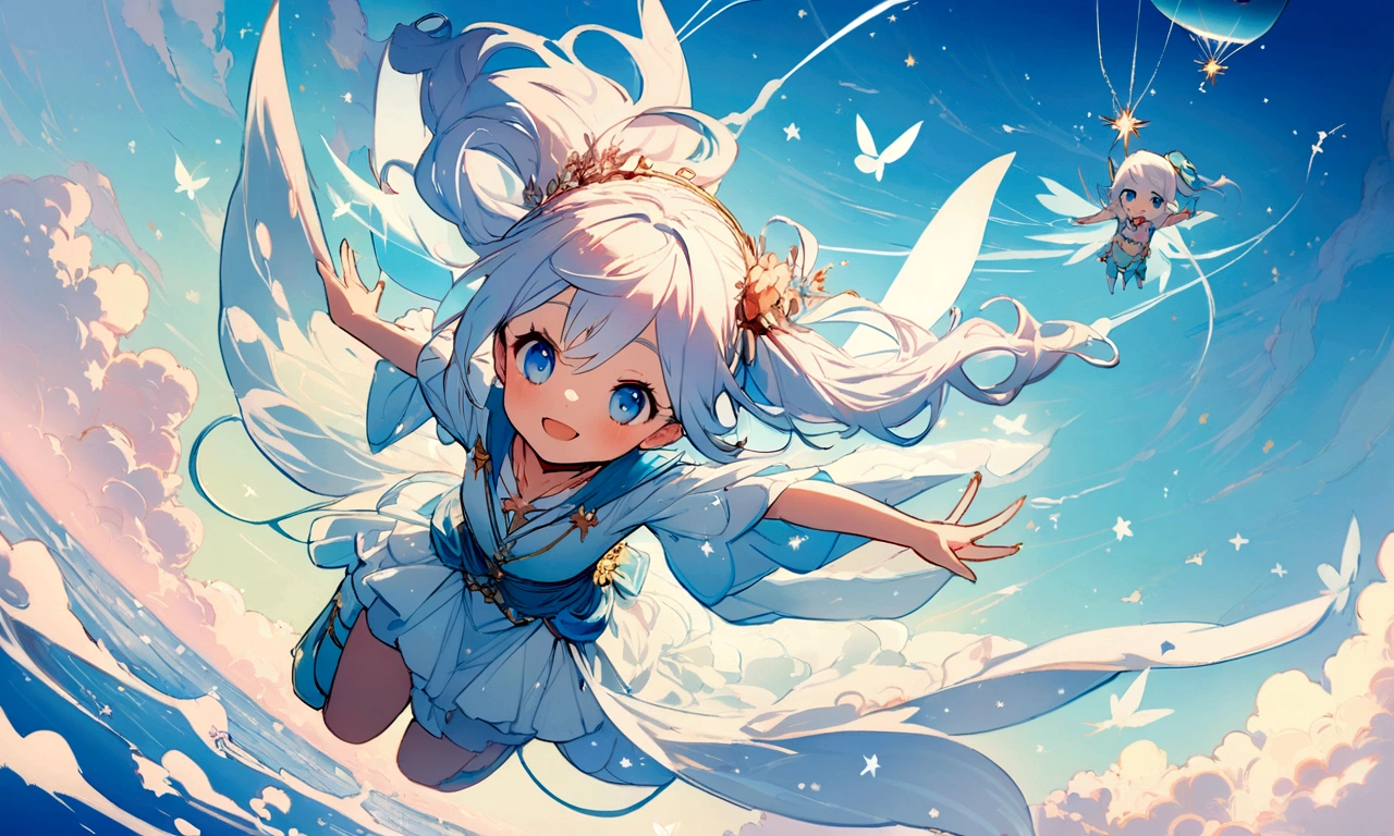 seed is 542424197,Cutes, light colors hair, blue eyes, gossamer,illustration, A masterpiece in bright light, stunning art! The art of magic, fairy tale artwork, inspiring art, exquisite artwork high quality、masterpiece、Sparkling fairies、Fly 10 meters above the beautiful springs、sky diving、wave hands、flight、smile