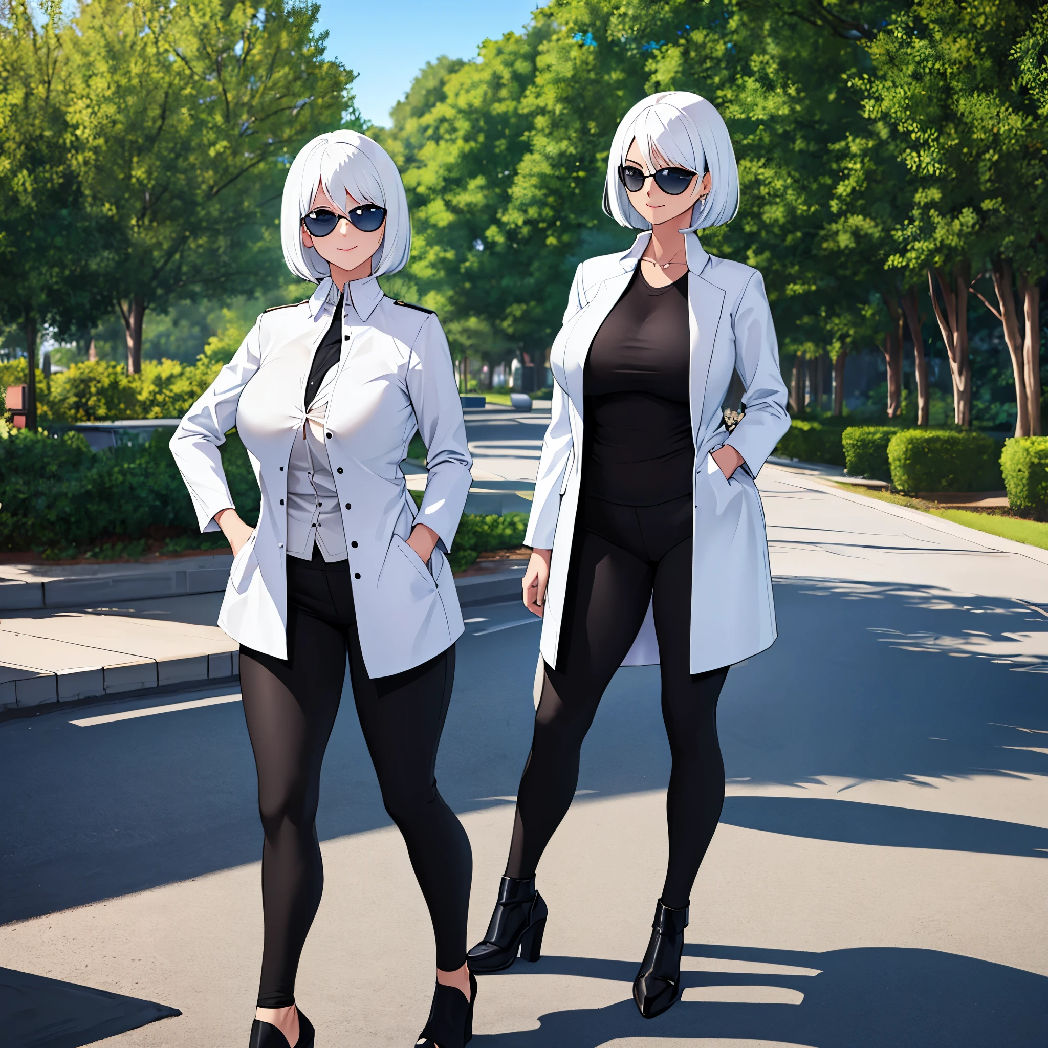 A woman wearing long open white jacket, black shirt, tight black pants, black women's heels, short white hair, ice blue eyes, smiling, sunglasses over her hair, big breasts, walking on a concrete sidewalk, in a park with few trees in the place, wide view of the sky.UHD , prime work , accurate , anatomically correct , textured skin , super details , high quality , best quality, 8k, high resolution, bokeh effect. (woman alone)
