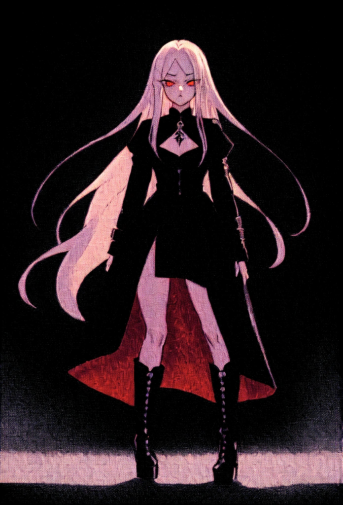Girl, 20 years old, with long white hair down to below her waist, a serious yet tender expression, and red eyes. Her hair features black streaks. She wears antique-style clothing, a long black dress with a slit on the legs, and high black boots that almost reach her knees. Her power and background are related to shadows and darkness. dark escense, figth stance