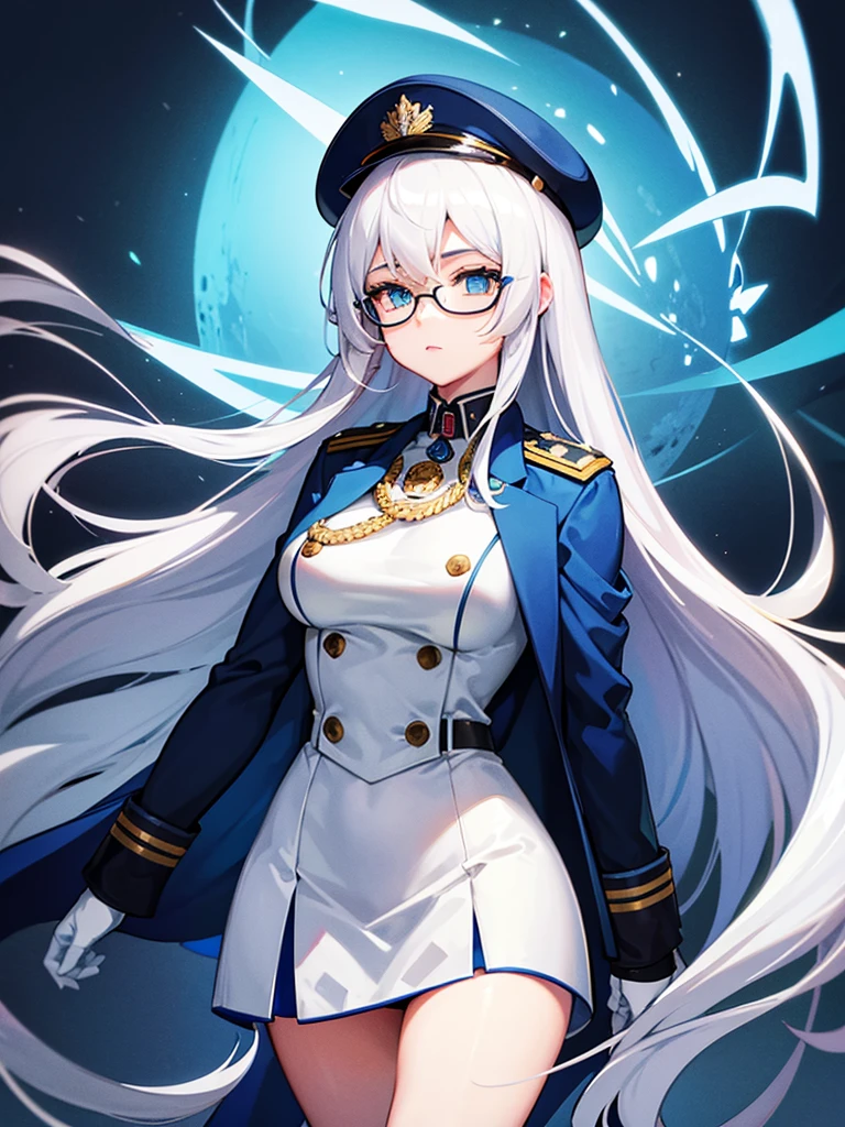 masterpiece, best quality, beautiful girl, white hair with blue inner color, light green eyes, dark blue military uniform, mature_female, eye_glasses, white gloves, anime, dark blue military hat, very_long_hair, perfect body, red ribbon, commander, science_fiction, black knee-high boots, white pencil skirt , cowboy_shot, best quality, large_breasts, ultra-detailed, high quality, modern military uniform, sci-fi, royal blue Trench Coat, one girl 