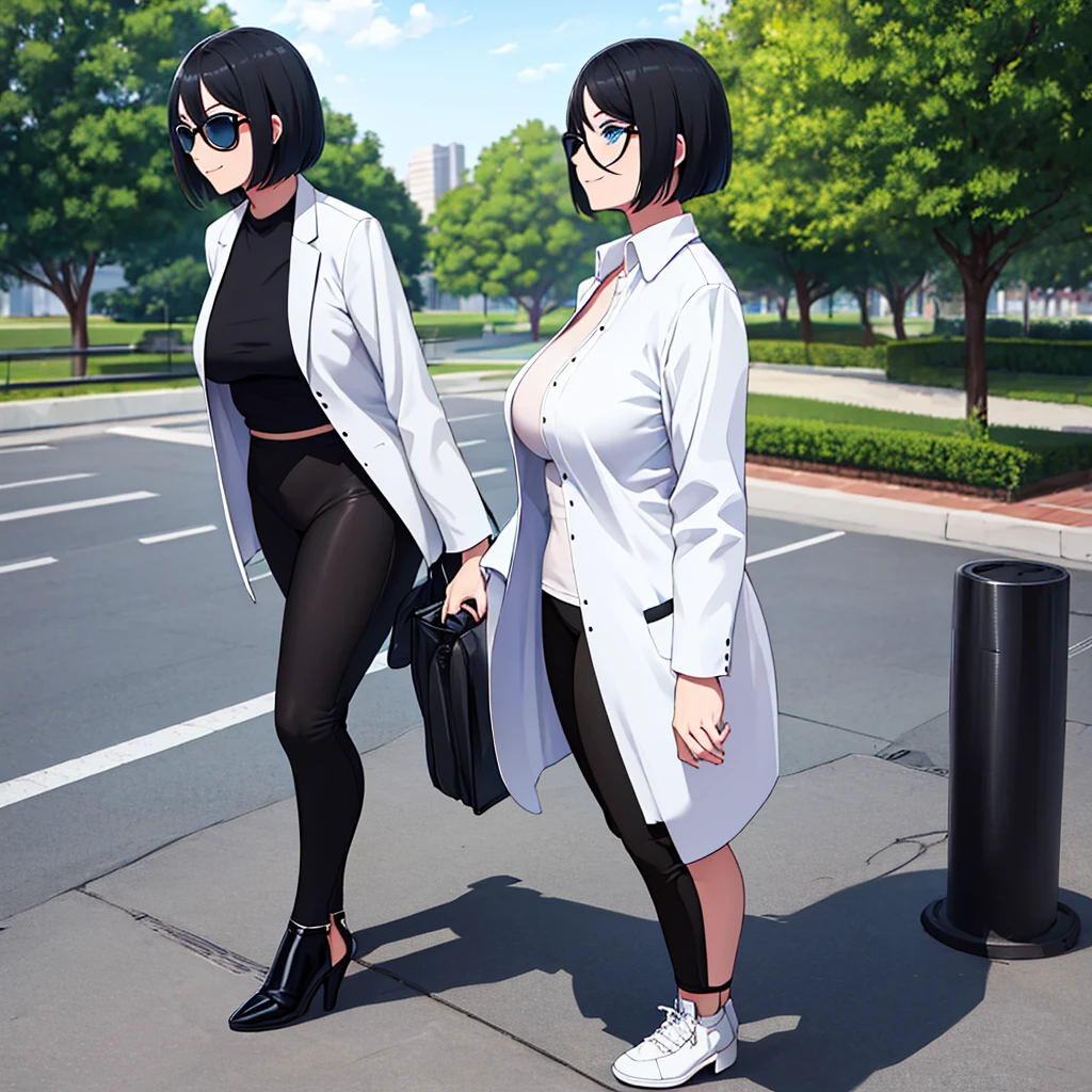 A woman wearing long open white jacket, black shirt, tight black pants, black women's heels, short white hair, ice blue eyes, smiling, sunglasses over her hair, big breasts, walking on a concrete sidewalk, in a park with few trees in the place, wide view of the sky.UHD , prime work , accurate , anatomically correct , textured skin , super details , high quality , best quality, 8k, high resolution, bokeh effect. (woman alone)
