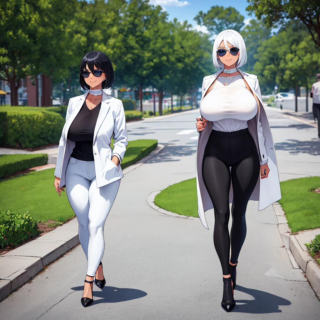 A woman wearing long open white jacket, black shirt, tight black pants, black women's heels, short white hair, ice blue eyes, smiling, sunglasses over her hair, big breasts, walking on a concrete sidewalk, in a park with few trees in the place, wide view of the sky.UHD , prime work , accurate , anatomically correct , textured skin , super details , high quality , best quality, 8k, high resolution, bokeh effect. (woman alone)
