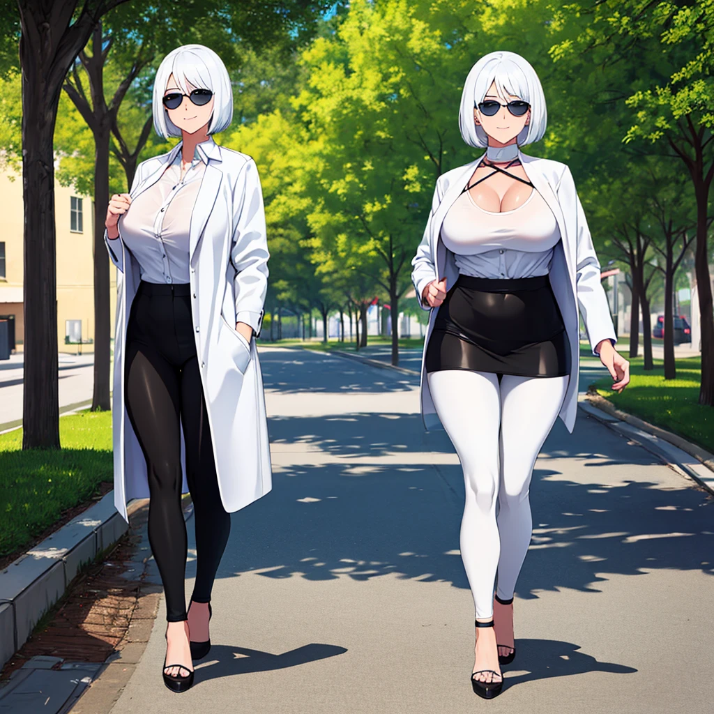 A woman wearing long open white jacket, black shirt, tight black pants, black women's heels, short white hair, ice blue eyes, smiling, sunglasses over her hair, big breasts, walking on a concrete sidewalk, in a park with few trees in the place, wide view of the sky.UHD , prime work , accurate , anatomically correct , textured skin , super details , high quality , best quality, 8k, high resolution, bokeh effect. (woman alone)
