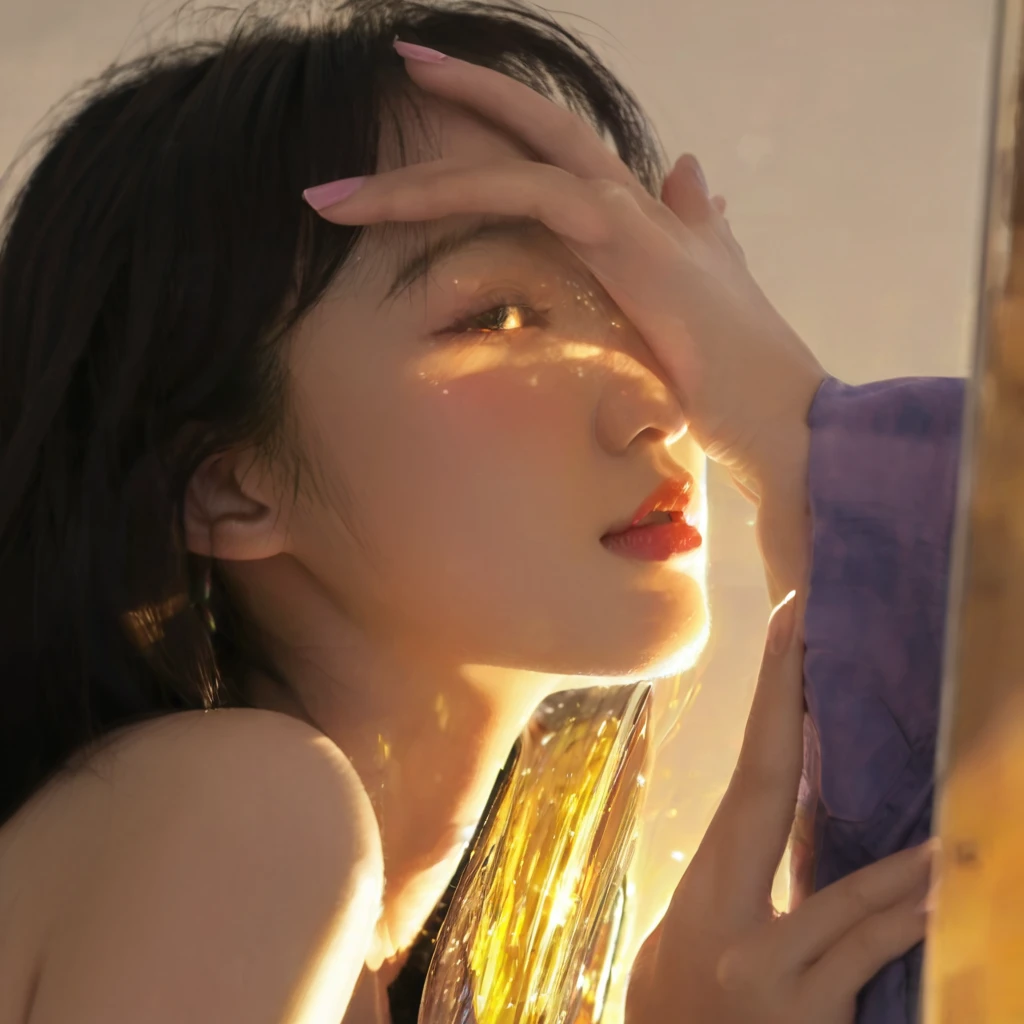 A woman is looking in the mirror, light falls on face, Soft light shines from the side, With backlight, Japanese cartoon. soft light, beautiful soft light, show her face, under the hot sun, 清晨soft light, beautiful natural light, face bright, Urzan, With natural light as background