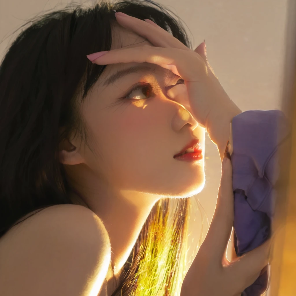 A woman is looking in the mirror, light falls on face, Soft light shines from the side, With backlight, Japanese cartoon. soft light, beautiful soft light, show her face, under the hot sun, 清晨soft light, beautiful natural light, face bright, Urzan, With natural light as background