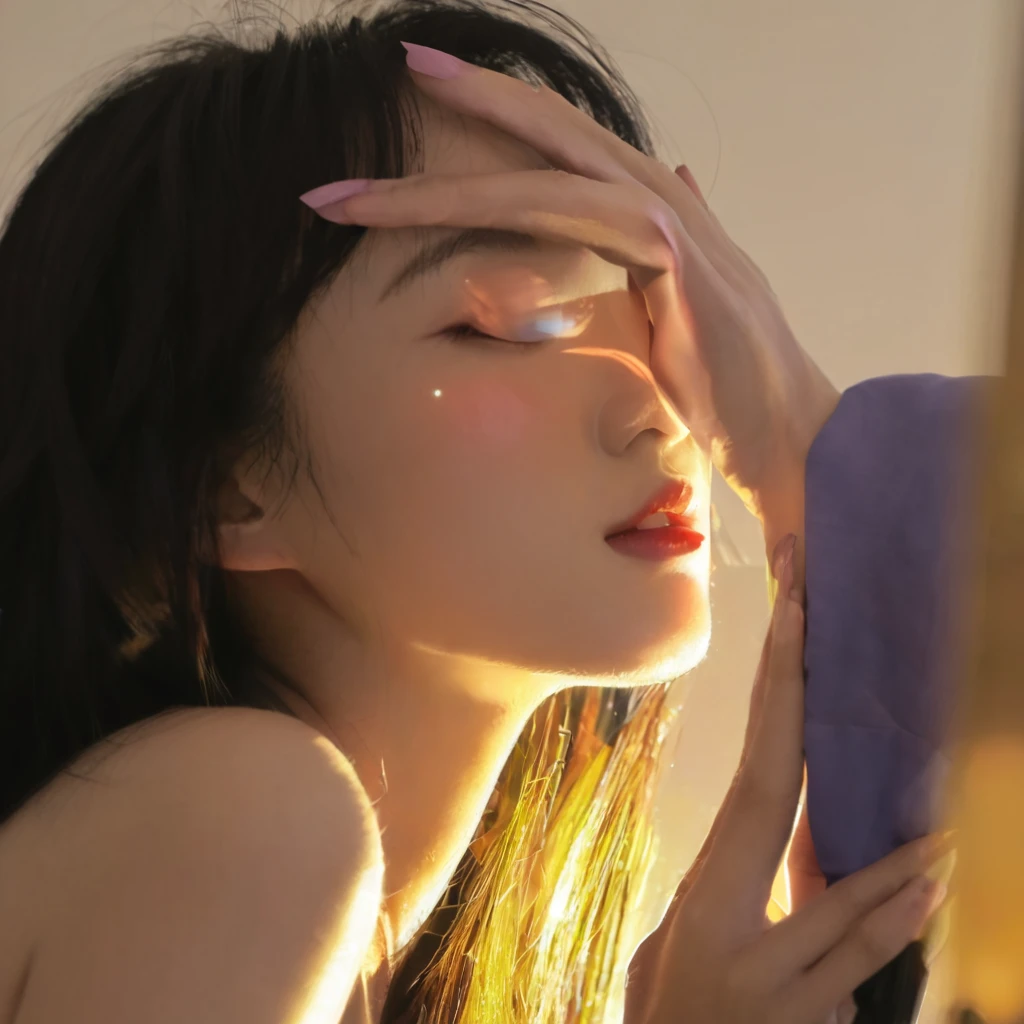 A woman is looking in the mirror, light falls on face, Soft light shines from the side, With backlight, Japanese cartoon. soft light, beautiful soft light, show her face, under the hot sun, 清晨soft light, beautiful natural light, face bright, Urzan, With natural light as background