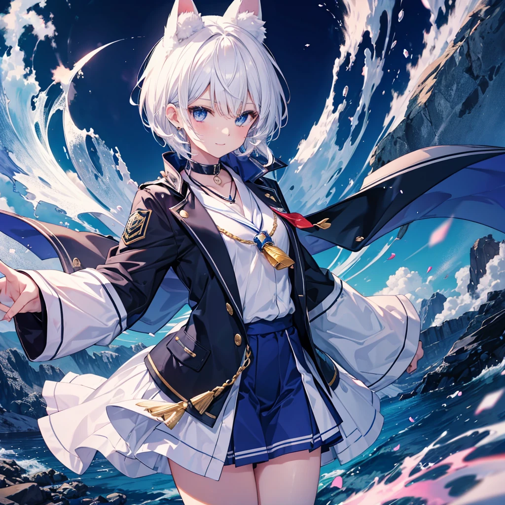 White Hair blue eyes short hair Have student Cat ear nice Blue Earrings necklace gloves beauty thin Sailor suit Put on a black coat Fantasy smile coastal sunset Fluffy hair