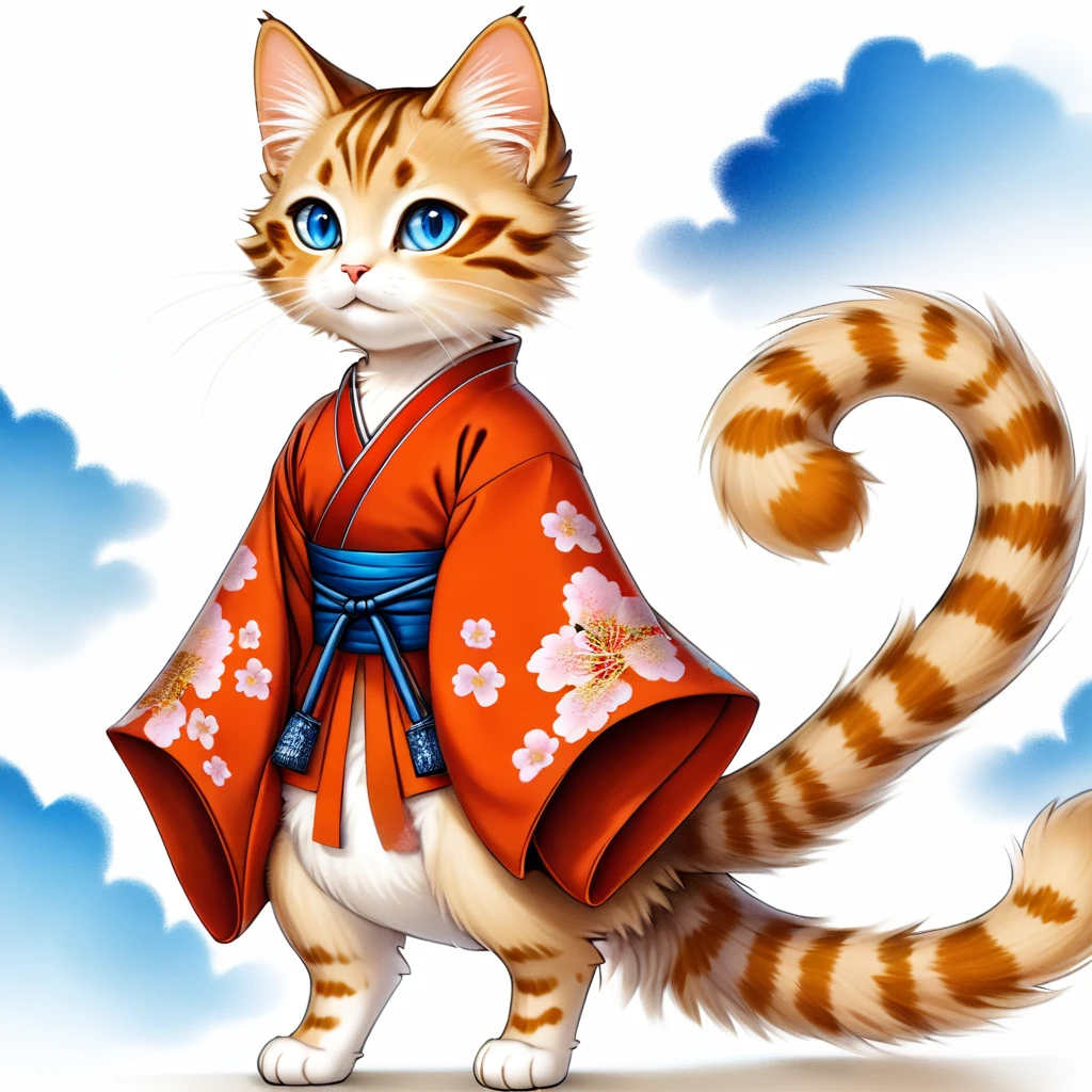 a tabby cat with a soft, fluffy coat, with bright blue eyes that reflect an innate curiosity. He wears a feudal Japanese costume, known as &#39;hakama&#39;, of an intense red that contrasts with its fur. The hakama flows elegantly with every movement, and is adorned with traditional motifs that evoke the samurai era. This cat is not ordinary; It has two mystical tails that end in blue and orange flames, dancing like living torches that illuminate their path.