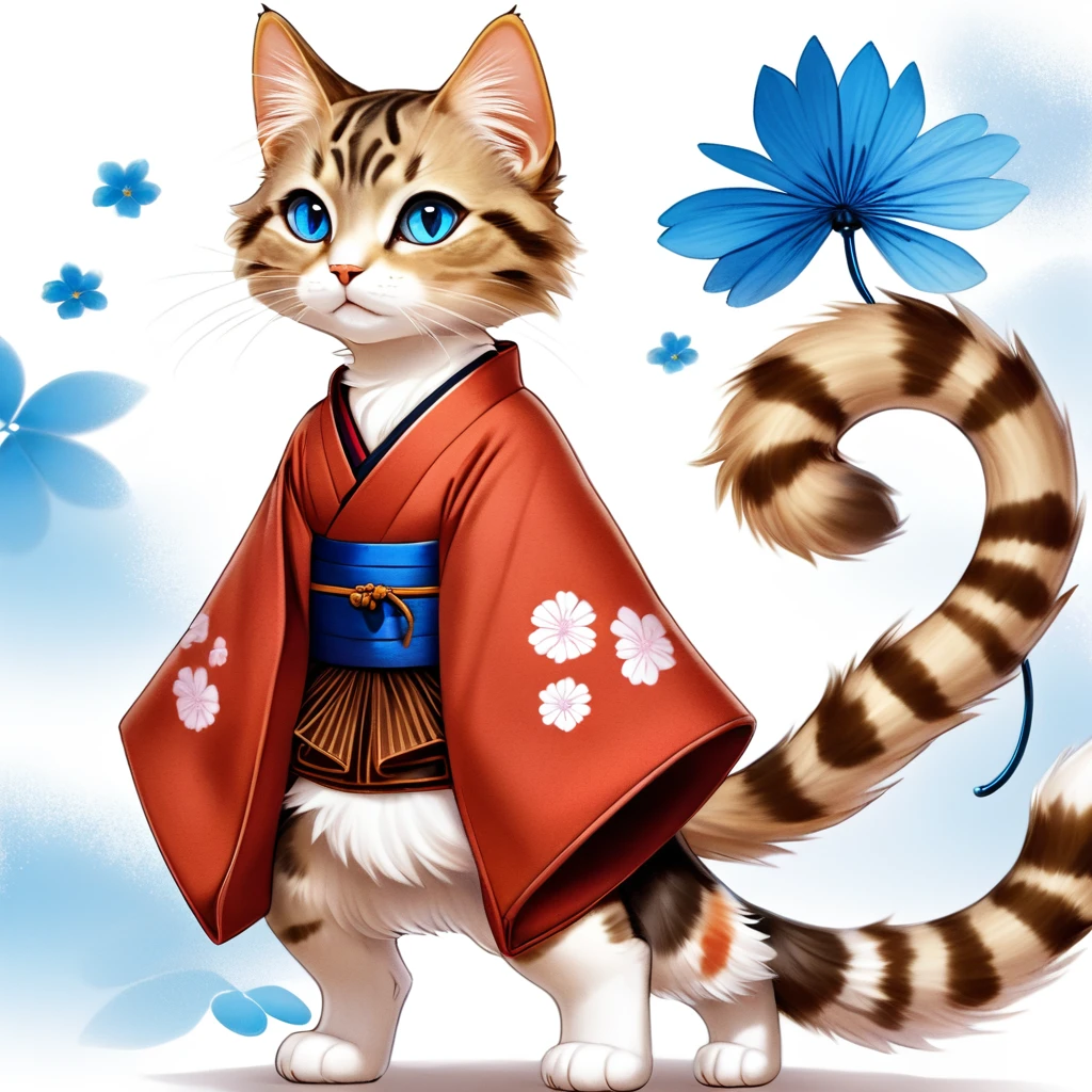 a tabby cat with a soft, fluffy coat, with bright blue eyes that reflect an innate curiosity. He wears a feudal Japanese costume, known as &#39;hakama&#39;, of an intense red that contrasts with its fur. The hakama flows elegantly with every movement, and is adorned with traditional motifs that evoke the samurai era. This cat is not ordinary; It has two mystical tails that end in blue and orange flames, dancing like living torches that illuminate their path.