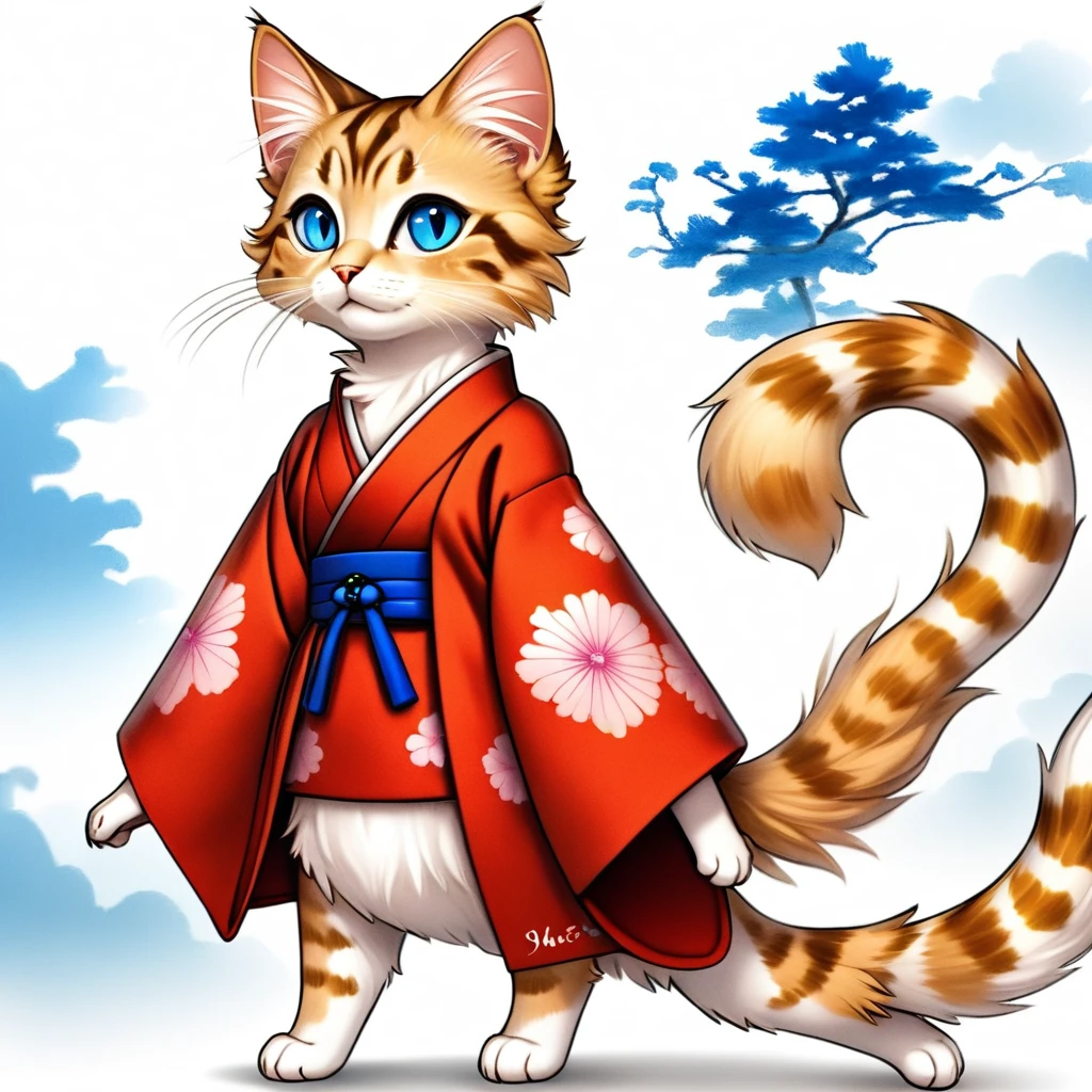 a tabby cat with a soft, fluffy coat, with bright blue eyes that reflect an innate curiosity. He wears a feudal Japanese costume, known as &#39;hakama&#39;, of an intense red that contrasts with its fur. The hakama flows elegantly with every movement, and is adorned with traditional motifs that evoke the samurai era. This cat is not ordinary; It has two mystical tails that end in blue and orange flames, dancing like living torches that illuminate their path.