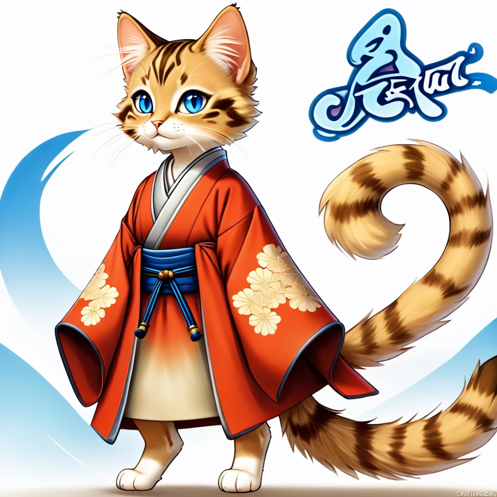 a tabby cat with a soft, fluffy coat, with bright blue eyes that reflect an innate curiosity. He wears a feudal Japanese costume, known as &#39;hakama&#39;, of an intense red that contrasts with its fur. The hakama flows elegantly with every movement, and is adorned with traditional motifs that evoke the samurai era. This cat is not ordinary; It has two mystical tails that end in blue and orange flames, dancing like living torches that illuminate their path.