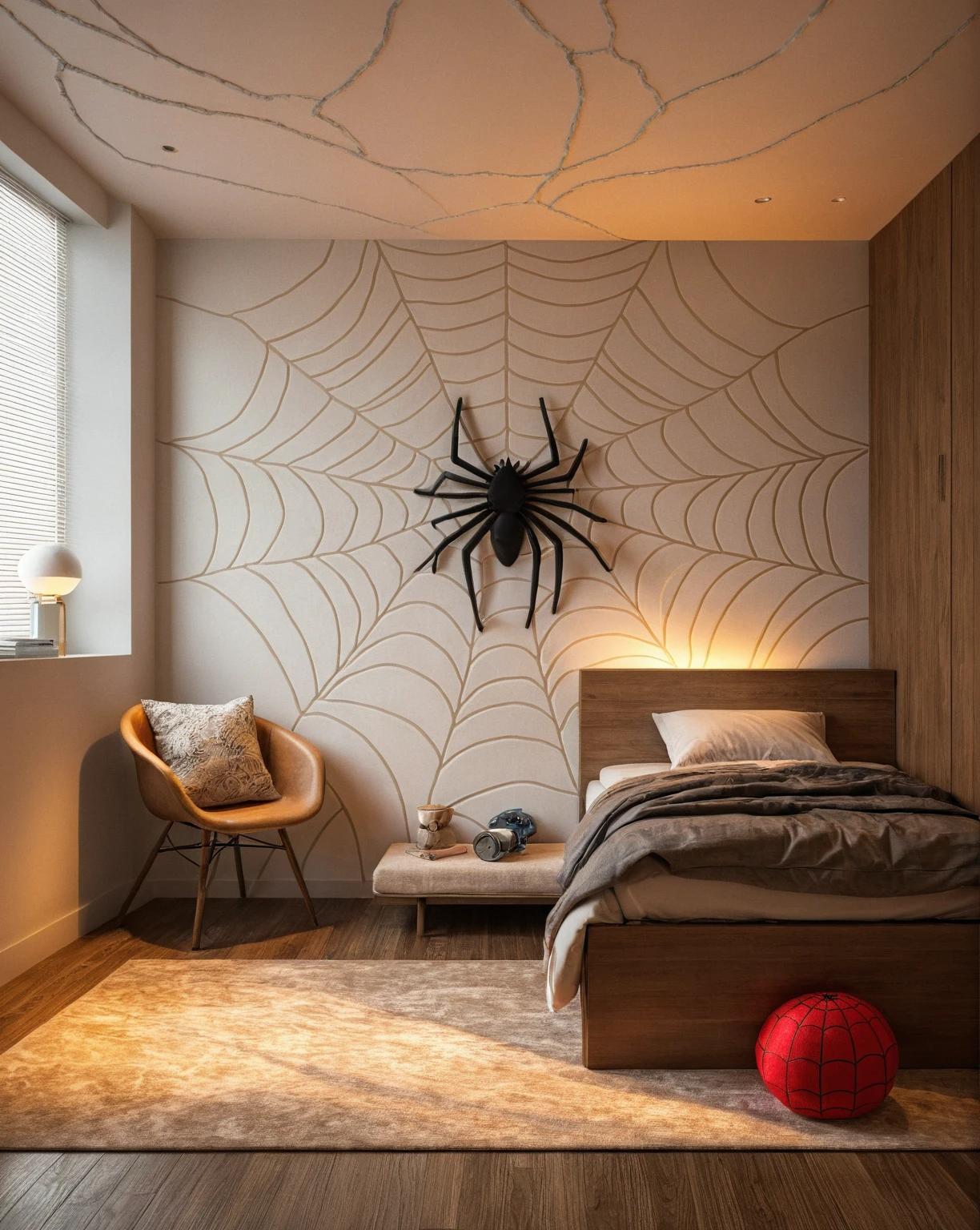 Raw photo,Masterpiece, high quality, best quality, authentic, super detail, interior, ((boy's bedroom)), style modern, style Spiderman, sunset, day light, bed, carpet, curves, bedside cabinets, wood floor, windows, downlight,