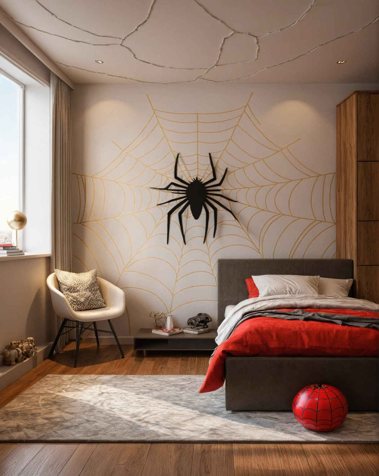 Raw photo,Masterpiece, high quality, best quality, authentic, super detail, interior, ((boy's bedroom)), style modern, style Spiderman, sunset, day light, bed, carpet, curves, bedside cabinets, wood floor, windows, downlight,