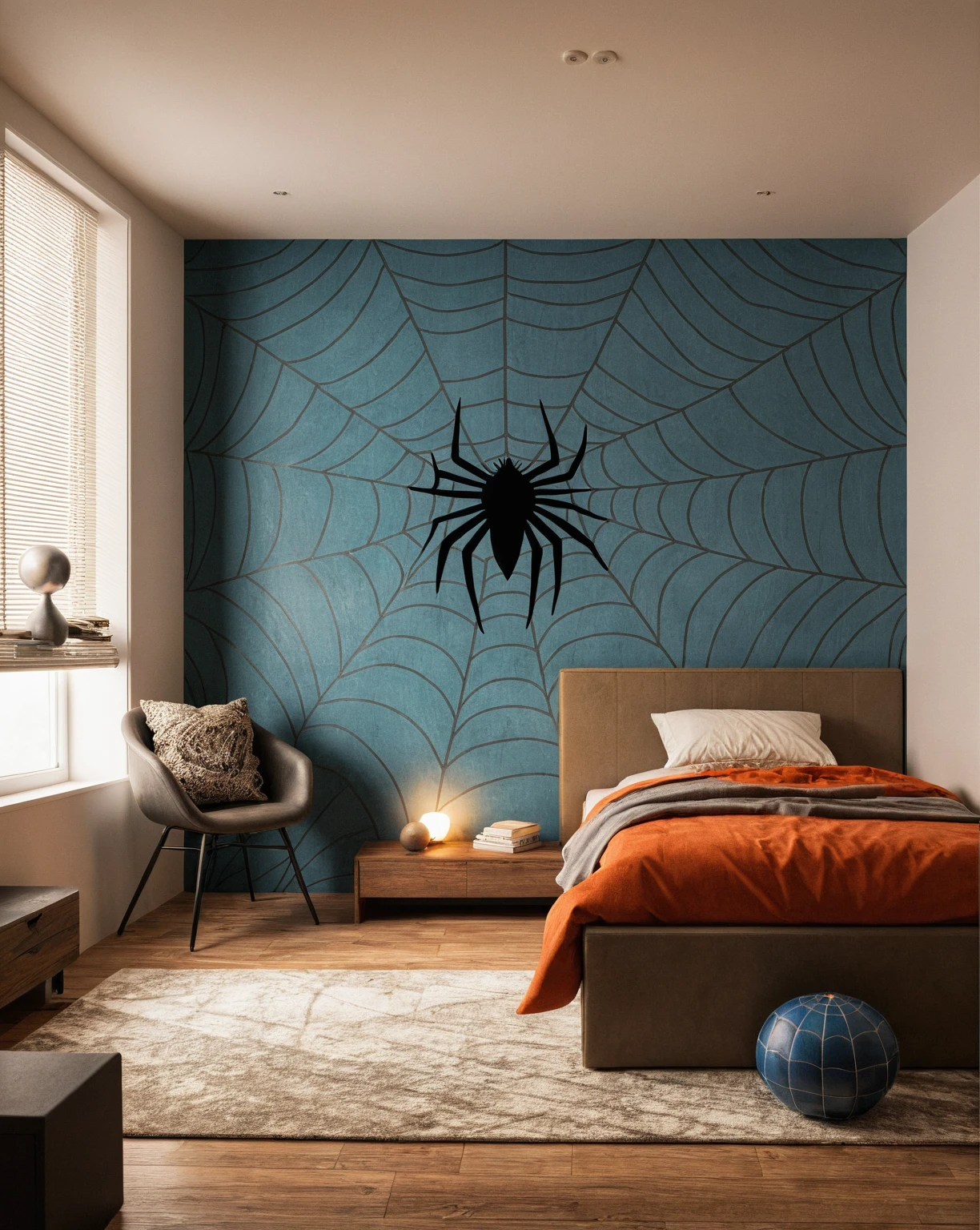 Raw photo,Masterpiece, high quality, best quality, authentic, super detail, interior, ((boy's bedroom)), style modern, style Spiderman, sunset, day light, bed, carpet, curves, bedside cabinets, wood floor, windows, downlight,