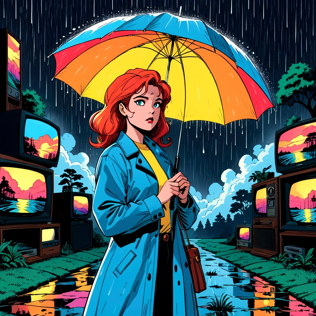 woman holding umbrella, technicolor rain, uv light face mask, , VHS, glitch, distorted, nostalgia, 90's retro vibes, analog tape, vcr aesthetics, tv, television, 1990's cartoon homage), comic 1990's, animated tv show screengrab, cinematic poster, image within image, multiple exposure, massive scale, rich color grading for shading depth, hand drawn rotoscope cartoon realism, chiaroscuro lighting, mixed media, vintage comic, retro original design, 1990's comic, sense of movement energy, A black and white world, holding umbrella, each drop of rain unleashes a ripple of color, bringing color to this otherwise mundane world, color reverberating out from each raindrop as it makes contact with the ground, subtle coloring to enrich the black and white image, rich color grading, sense of depth, shading and shadows