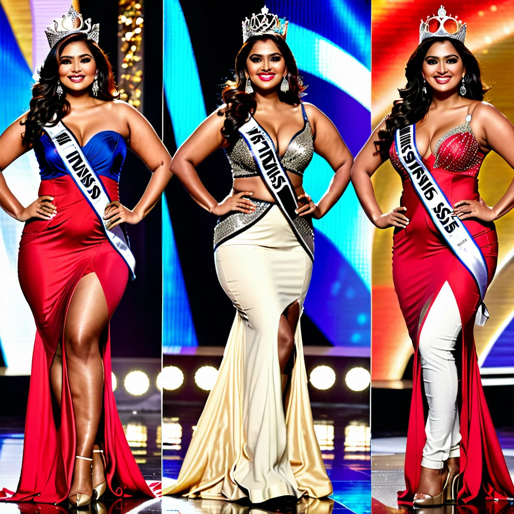 1. Hot curves, bold, plus size (hour glass body figure) indian professional model with a little smile and sharp facial features. 

2. Professional miss.universe attire with navel tummy exposed.  

3. Keep her face shinning with natural glow and decent professional make-up. 

4. Standing in winning pose with 'Miss Universe AI' competition stage as a background.

5. Body figure plus size (hour glass).

6. Fashion Judges and jury honouring model with Sash - Miss Universe AI.

7. And diamond crown on head.
