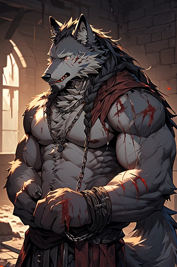 (solo),(best quality), (photorealistic:1.2), (masterpiece:1.3), (realistic detail:1.2), highest quality, ultra detailed, 8k, RAW photo, (mature male wolf:1.3), (general),(defeated),(damaged body),(extreme detail:1.3), (gray fur:1.2), facial hair, long hair, white braided hair, (blood:1,6),(elderly:1.2), (emaciated:1.3), nude, (muscular:1.3), (battered body:1.4), bleeding, (heavily scarred:1.4), shackled, (chained:1.4),(chains wrapped around his arms and main body ), (dungeon:1.3), (torture:1.3), (extreme pain:1.5), (semiconscious:1.3), (knives piercing into his chest:1.3), (weak:1.4), (suffering:1.5), (dim lighting:1.2),(dying:1.9)
