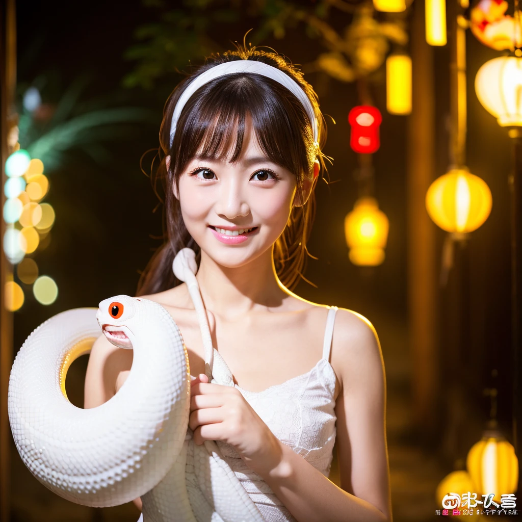 Looking straight ahead and smiling, Holding a large white snake in both hands, Ultra HD、128k、Masterpiece、A kindergarten girl、 clavicle, RAW Photo、Big-eyed girl in red、Long face, Professional Lighting、Japanese anime style,