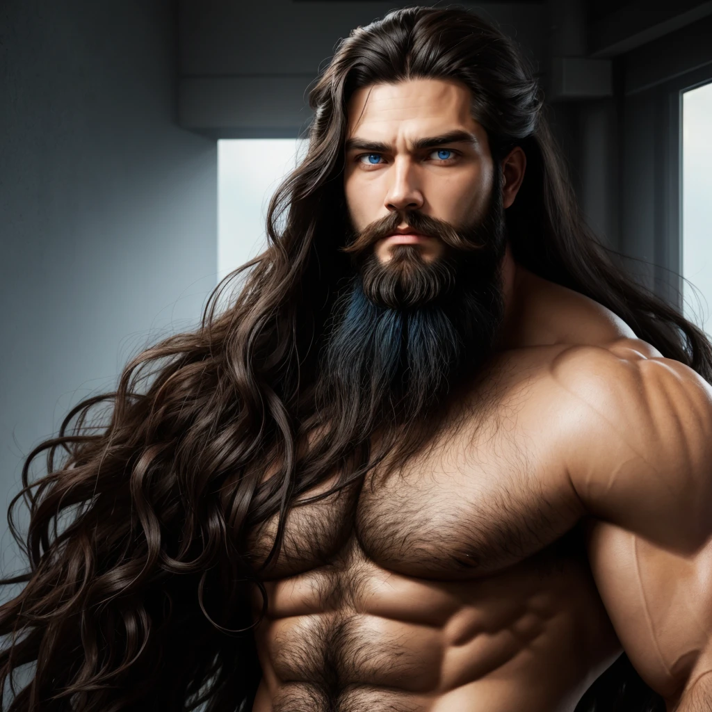 A man with long dark hair, with bushy beard and blue eyes, strong and tall, with serious face.