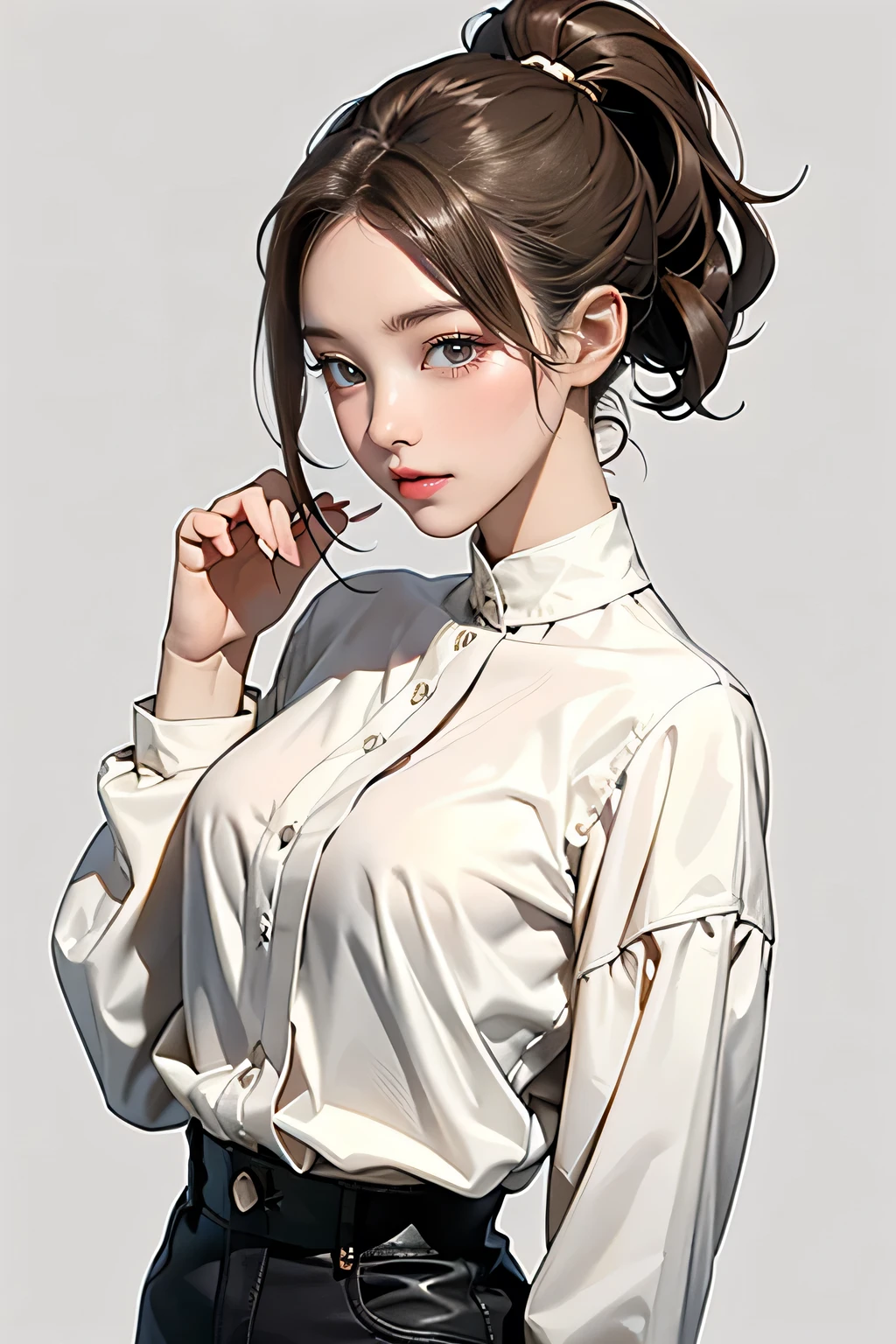 Emily is 23 years old with light brown hair。, Usually tied in a bun or ponytail. His eyes are green and expressive, His kind and warm personality is apparent.... Her height is average, About 1.65 m, Thanks to exercise habits、slim, distinct body shape. Emily likes simple clothes., Comfortable clothes., Wear practical clothes, Long sleeve blouse、Neutral Color. She is normal'No makeup, Prefer a natural look. Highest quality, Realistic photos, 32k. Close-up head,