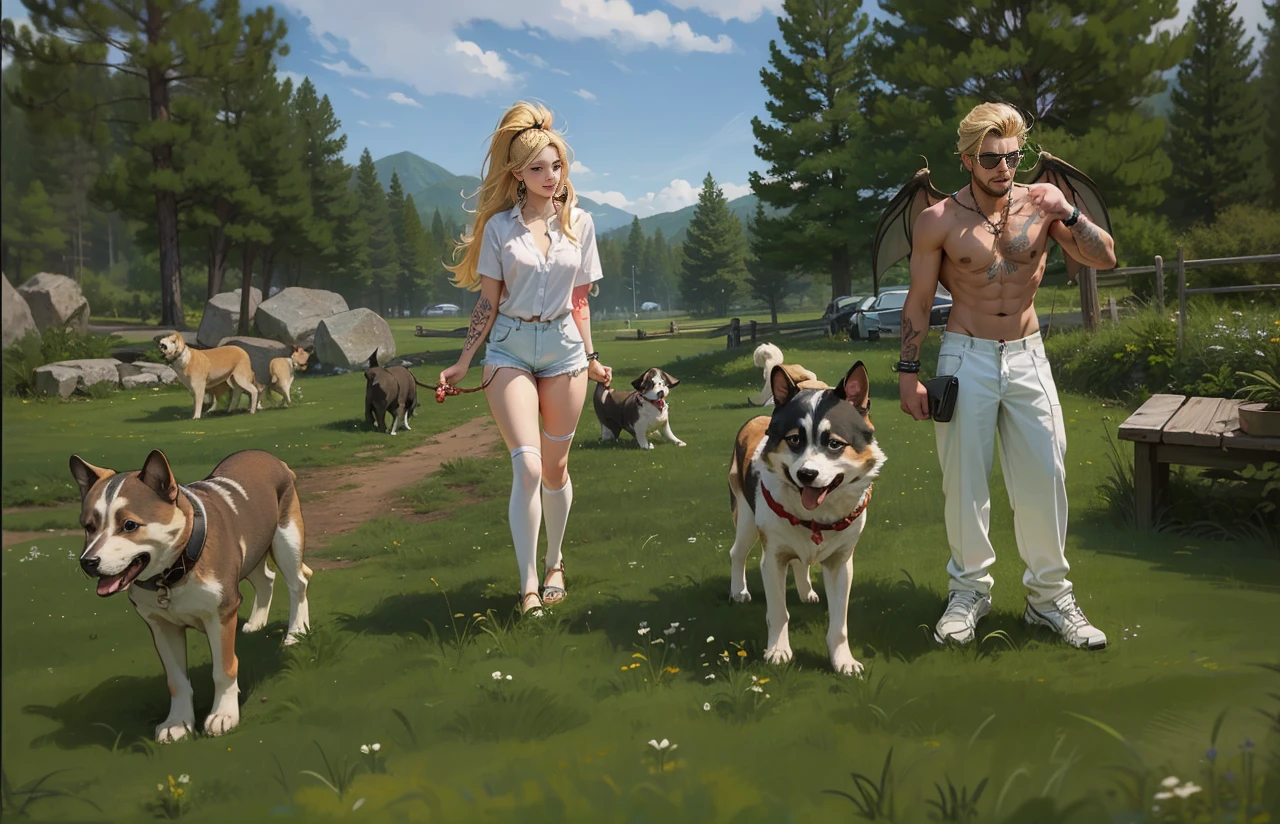 Best quality, Couple, puppies, park environment, tread the branch, wings, 23 year old, barba, tatto, gold watch, gold cord