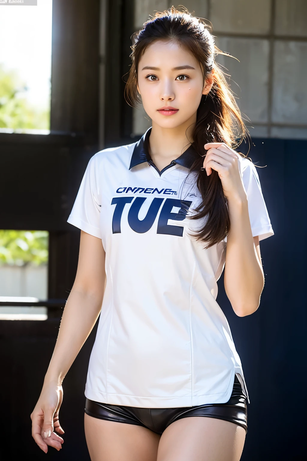 (Photo realism: 1.4), (Surrealism: 1.4), (Practical: 1.3), (soft light: 1.05), (Improved lighting: 0.9), 32k, 1 girl, 20 year old girl, Practical lighting, Backlight, face light, Ray Tracing, (Whitening Light: 1.2), (Image Enhancement: 1.4), ( Top quality leather: 1.4), Narrow your eyes, delicate face, Narrow your eyes, (Body lines, mood boost: 1.1), Breasts that are too large, Large target, (Improve skin quality and beauty: 1.1),volleyball uniform:1.4, indoor_volleyball_court_background:1.4, Thighs Thighs Thighs Thighs, protrude , crotch