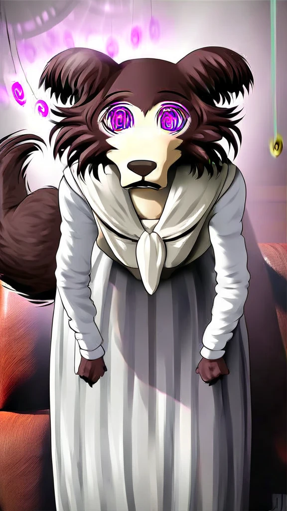 juno beastars, furry anthro. brown fur 1girl, no hair, dress, solo, Hypnosis, mind control face focus, Juno_(Beastars), solo,wolf tail, realistic, high resolutionlooking at viewer, fur texture, fur all over, (junouniform, white clothing, long skirt, long sleeves, neckerchief)), leaning forward, elbows together, hands in lap, sitting, couch (large couch, brown couch, leather couch), office (mohogany walls, wooden bookcases), hypnotized, pendulum (hypnosis, mind control, watch_on_a_string), (spiral eyes, @_@)), mouth close, wide eyes,
