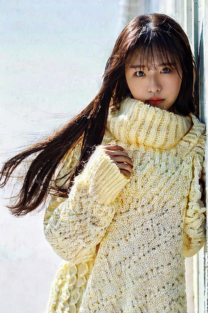 One girl, alone, masterpiece, View your viewers, Simple Background, White Background, ,Cowboy Shot, Sweater dress, (Sleeveless), Virgin Killer Sweater,
